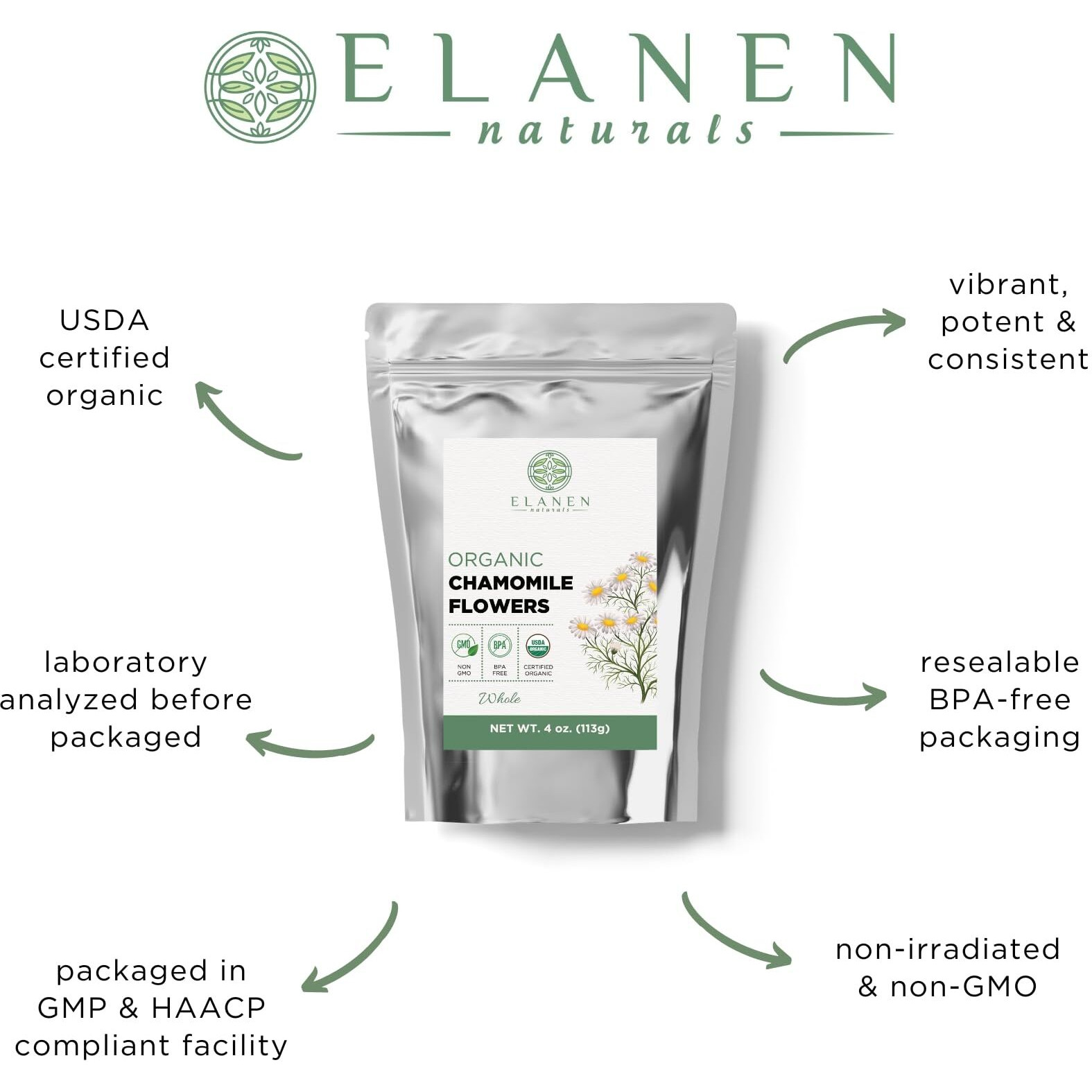 Elanen Naturals Organic Chamomile Flowers 4 Oz. (113G), Usda Certified Organic Chamomile Tea Loose Leaf, Camomile Tea, Manzanilla Tea Herb, German Chomomile Golden Chamomeal, Whole