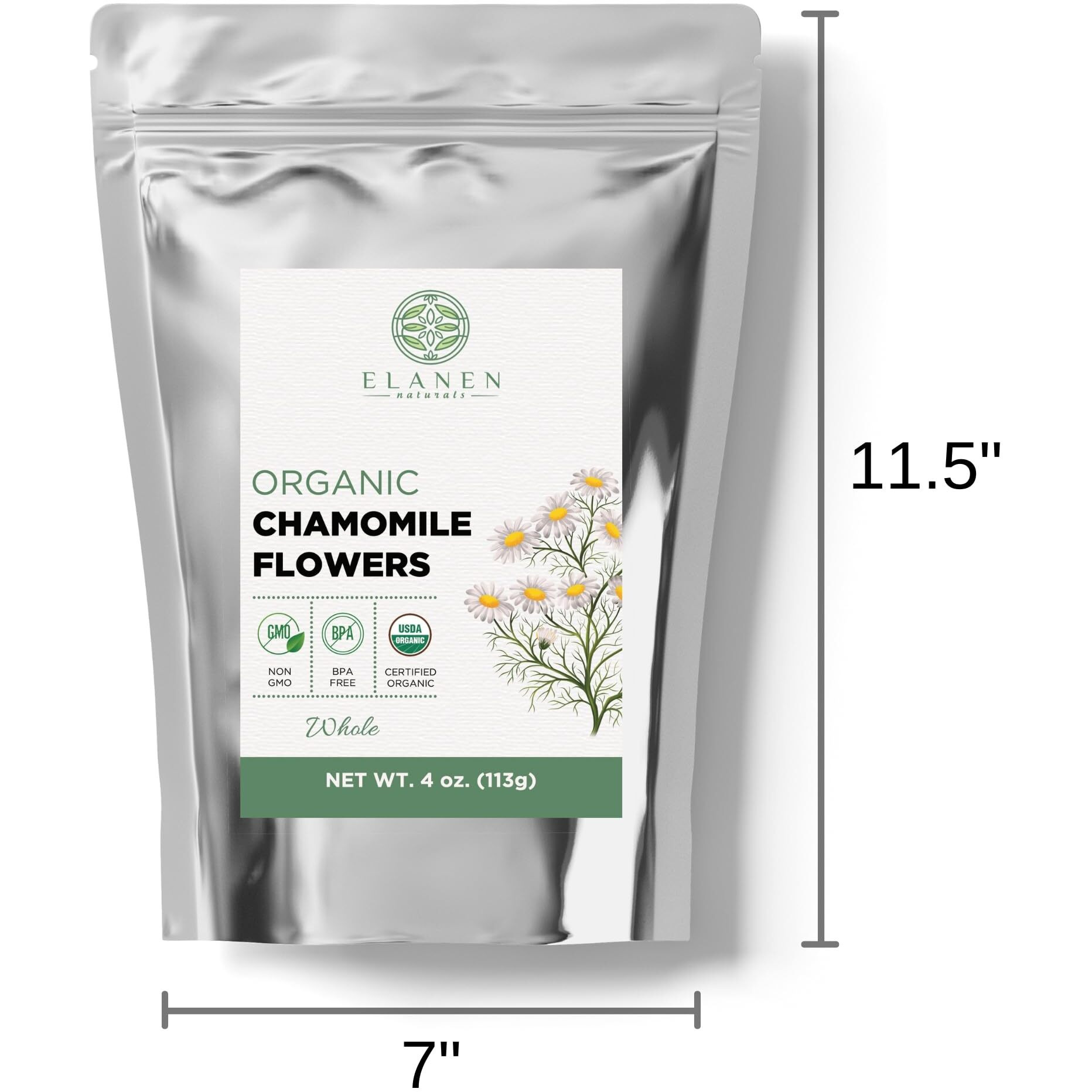 Elanen Naturals Organic Chamomile Flowers 4 Oz. (113G), Usda Certified Organic Chamomile Tea Loose Leaf, Camomile Tea, Manzanilla Tea Herb, German Chomomile Golden Chamomeal, Whole