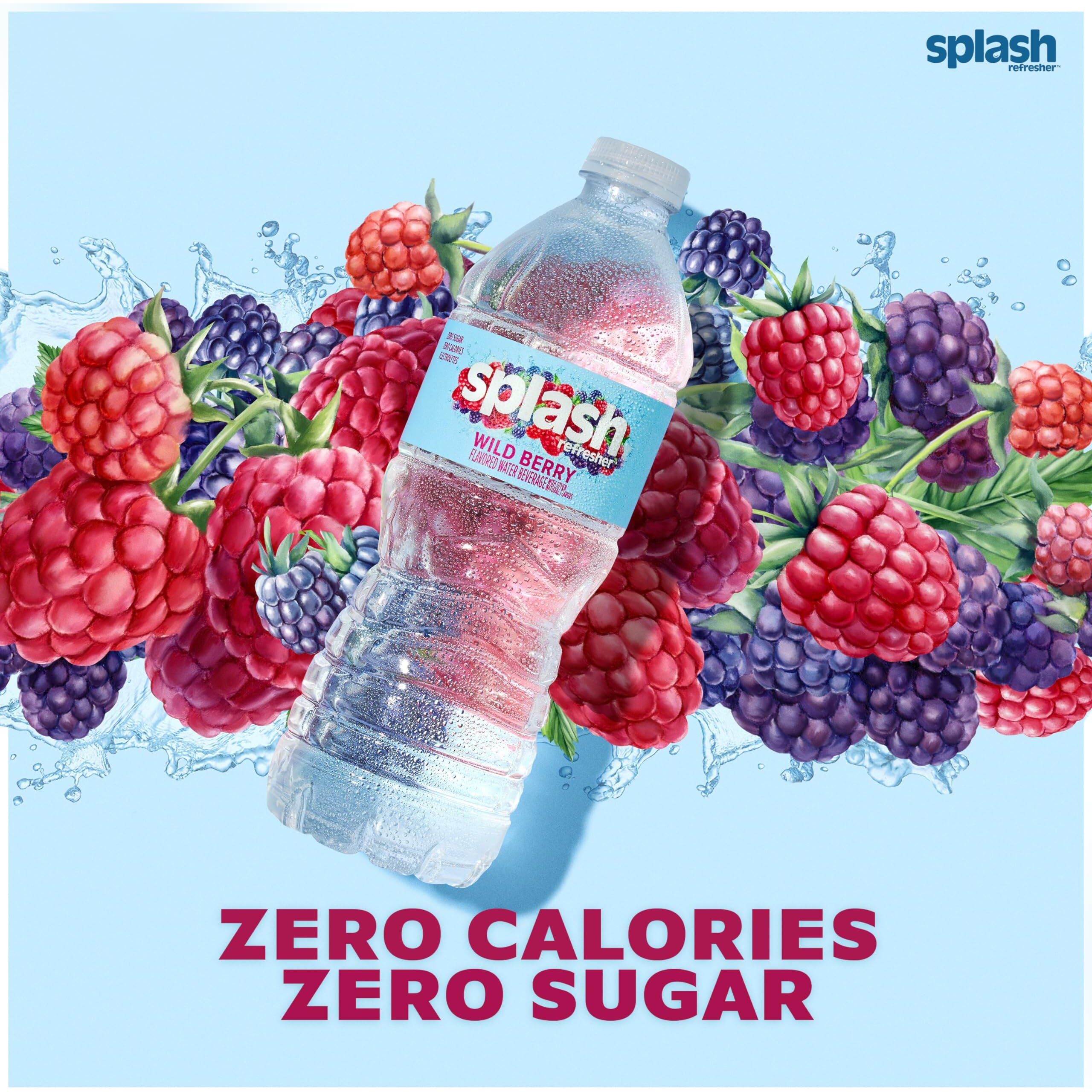 Splash Refresher, Wild Berry Flavor Water Beverage, 16.9 Fl Oz Plastic Bottles (24 Count)