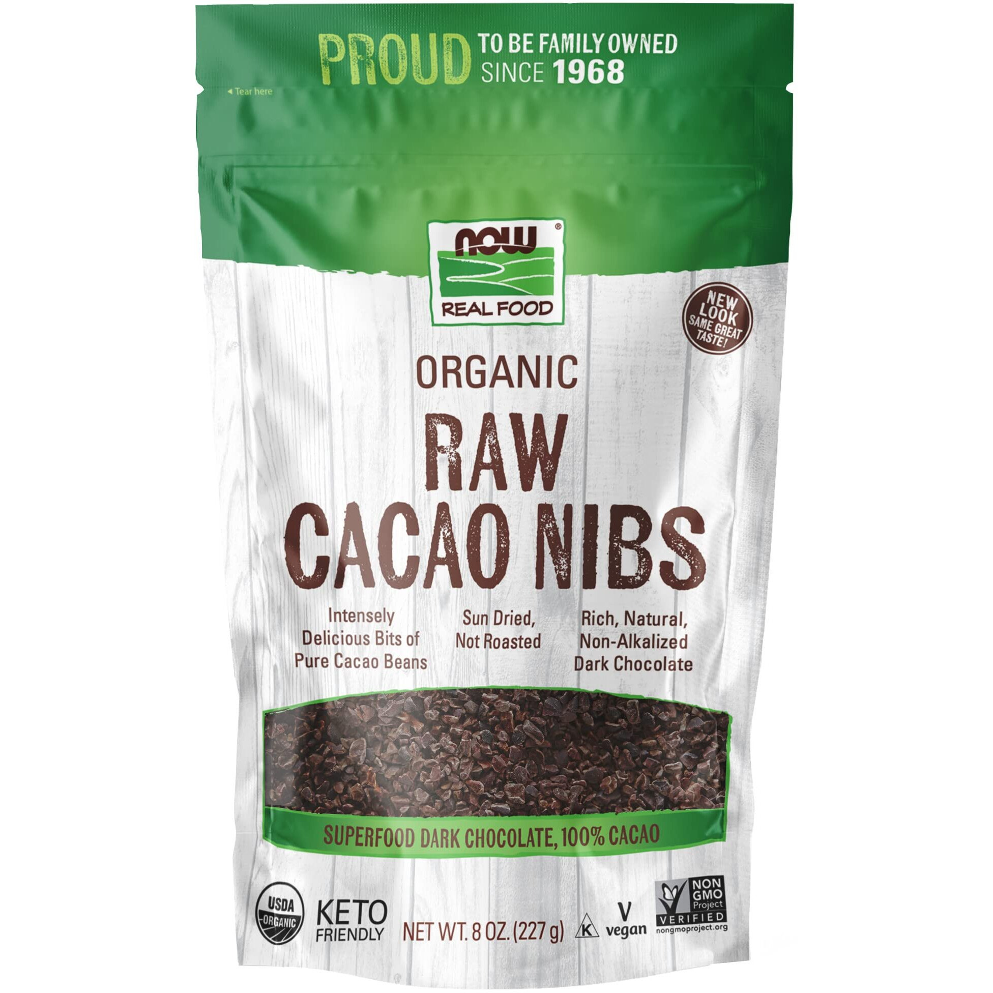 Now Foods, Organic Raw Cacao Nibs, Rich, Pure Cacao Bean Bits, Dark Chocolate Flavor, Certified Non-Gmo 8-Ounce (Packaging May Vary)