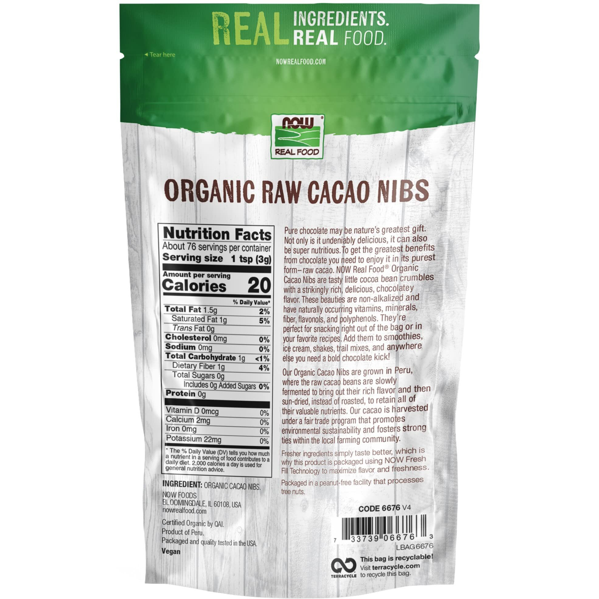 Now Foods, Organic Raw Cacao Nibs, Rich, Pure Cacao Bean Bits, Dark Chocolate Flavor, Certified Non-Gmo 8-Ounce (Packaging May Vary)