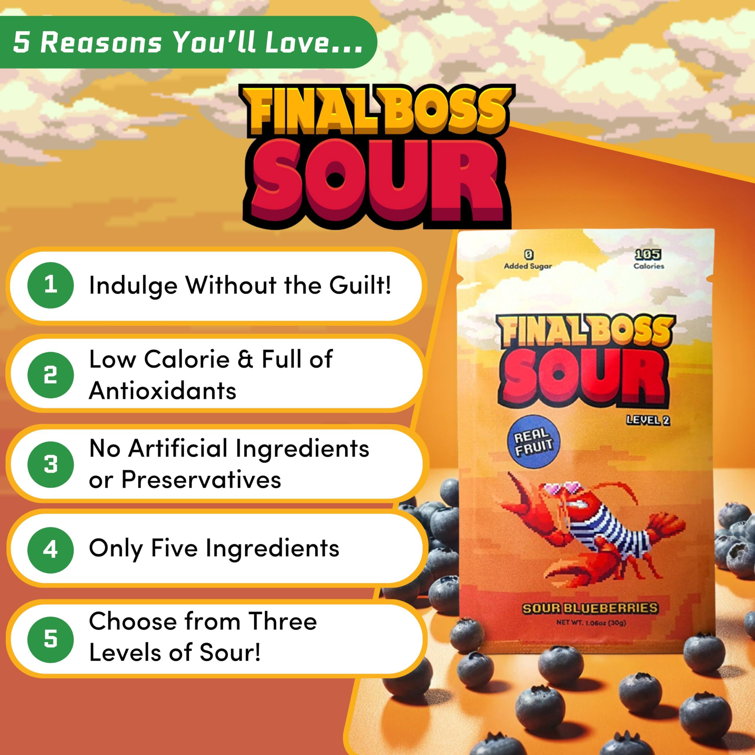 Final Boss Extremely Super Sour Candy, Natural Chewy Blueberry Gummies Made With Dried Fruit, Free Of Artificial Colors, Low Calorie Healthy Snack For Kids & Adults, 1.06Oz, 10 Pack (Lvl 2 Sourness)