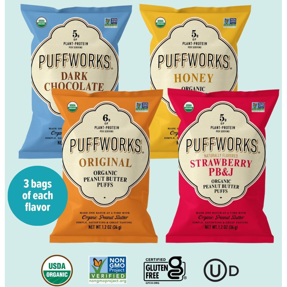 Puffworks Four Flavor Variety Pack Organic Peanut Butter Puffs (Original, Pbj, Dark Chocolate, Honey), Plant-Based Protein Snack, Gluten-Free, Kosher 1.2Oz Ounce (Pack Of 12)