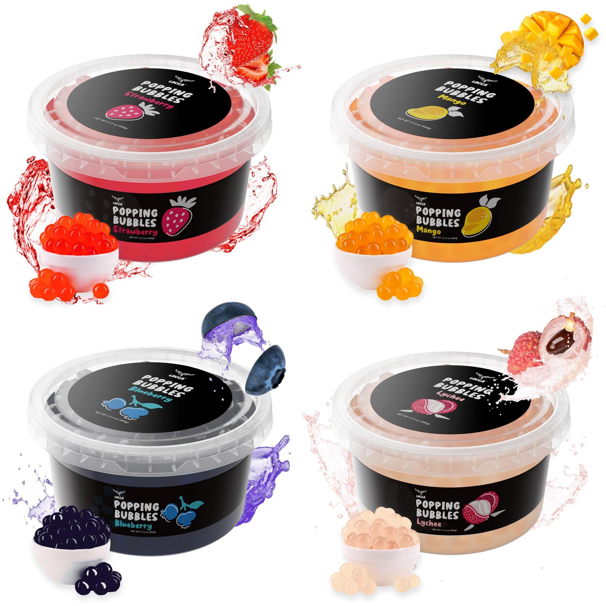 Popping Boba Pearls Kit With Mango Lychee Blueberry Strawberry Boba Flavors (4 X 17Oz) | Boba Tea Sago Pearls Kit | Boba Popping Pearls For Bubble Tea Jelly 4 Flavors