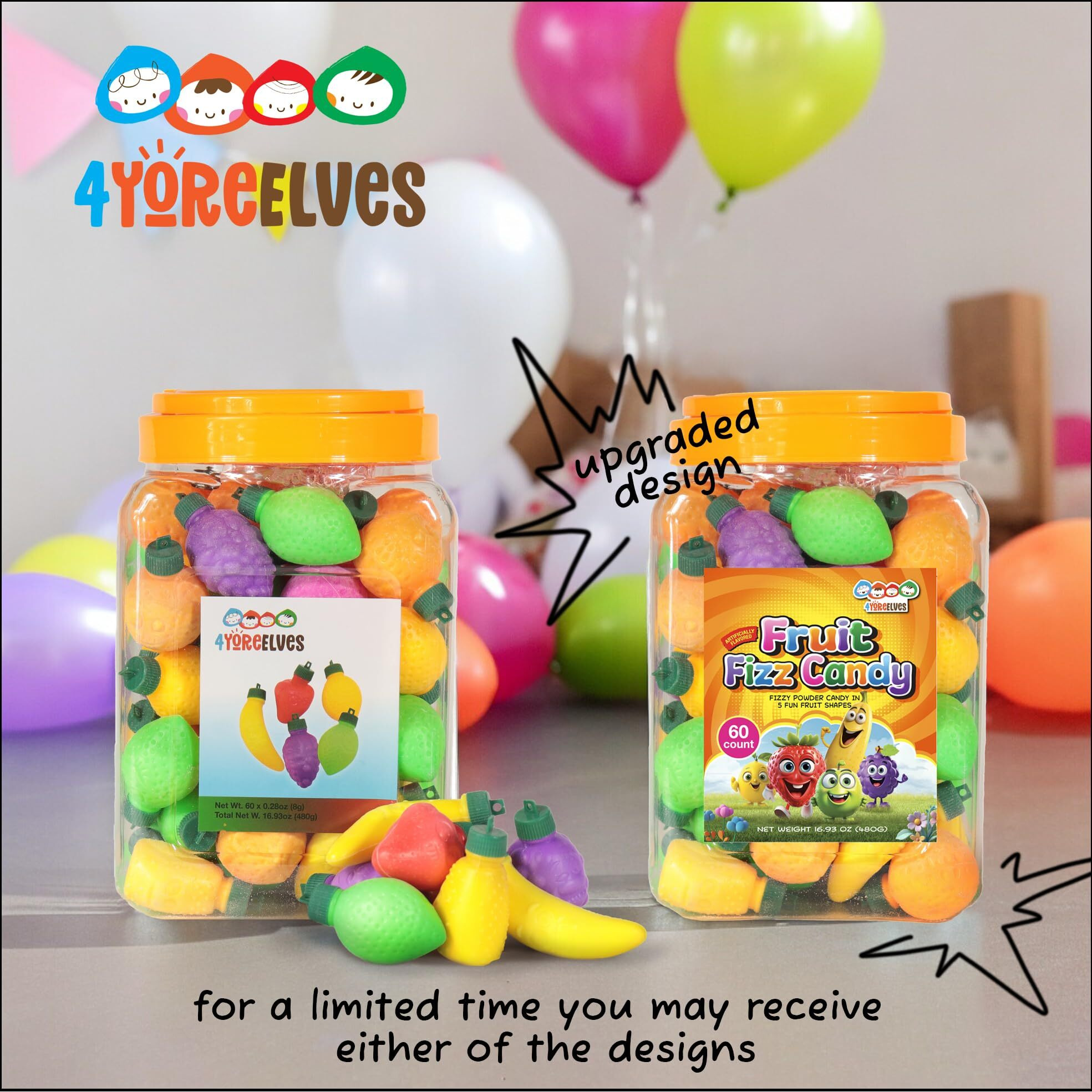 60 Fruit Shaped Fizzy Candy Powder, With Hanging Hole Caps For Decorative Stringing, Fun And Unique 90S Retro Candy, Gluten Free & Nut Free, By 4Yoreelves