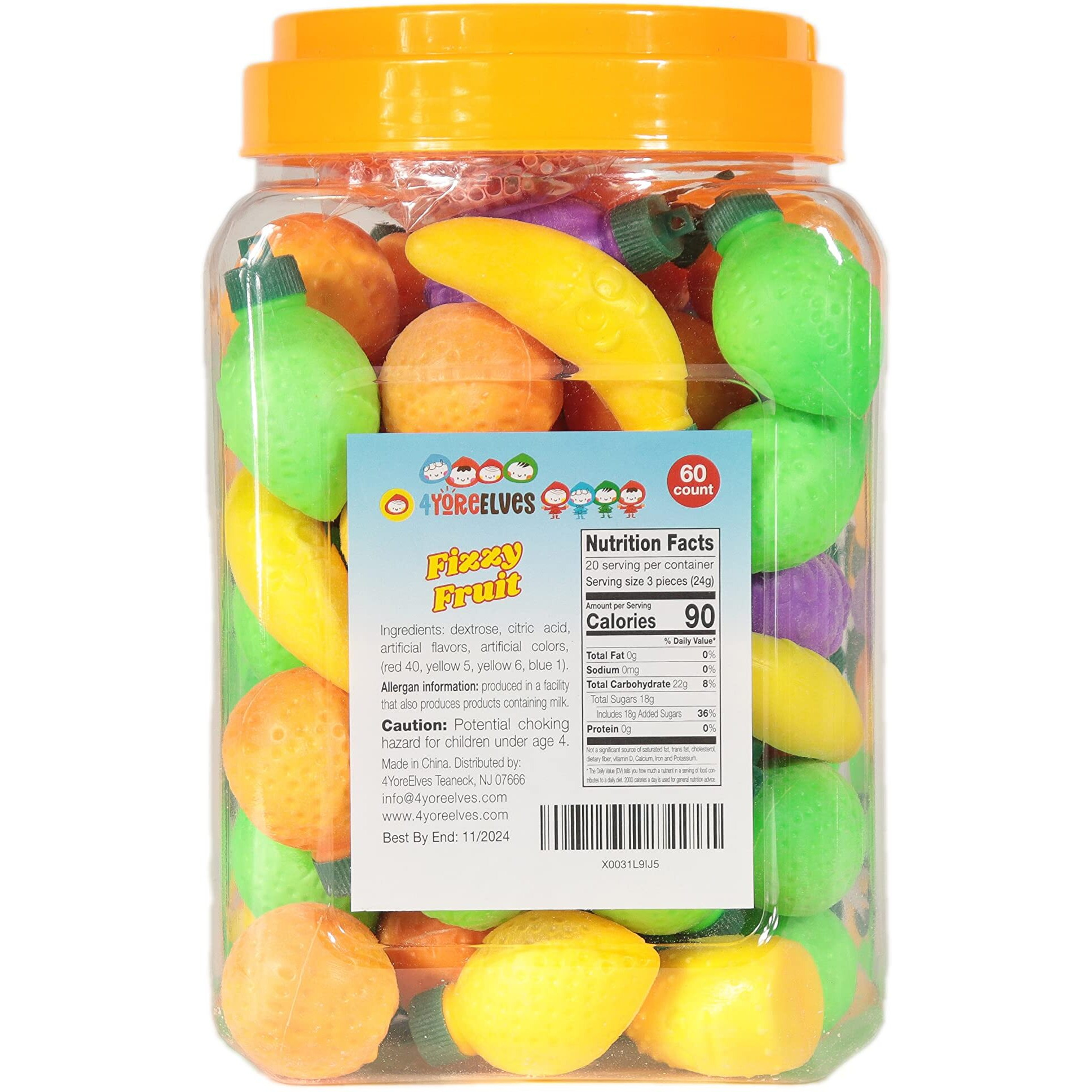 60 Fruit Shaped Fizzy Candy Powder, With Hanging Hole Caps For Decorative Stringing, Fun And Unique 90S Retro Candy, Gluten Free & Nut Free, By 4Yoreelves
