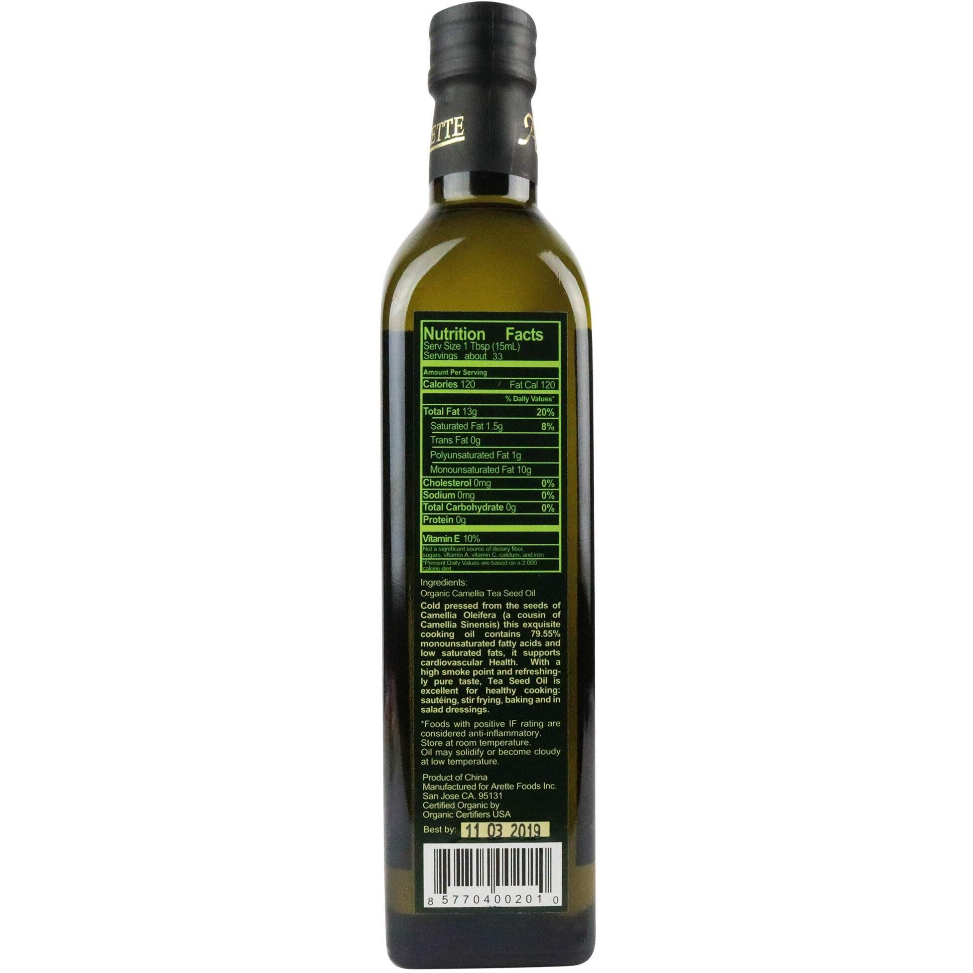 Arette Organic Tea Seed Oil (Usda Certified) Extra Virgin, No Flavor, Extra Light, Cold Pressed 17 Ounces (500 Milliliter)