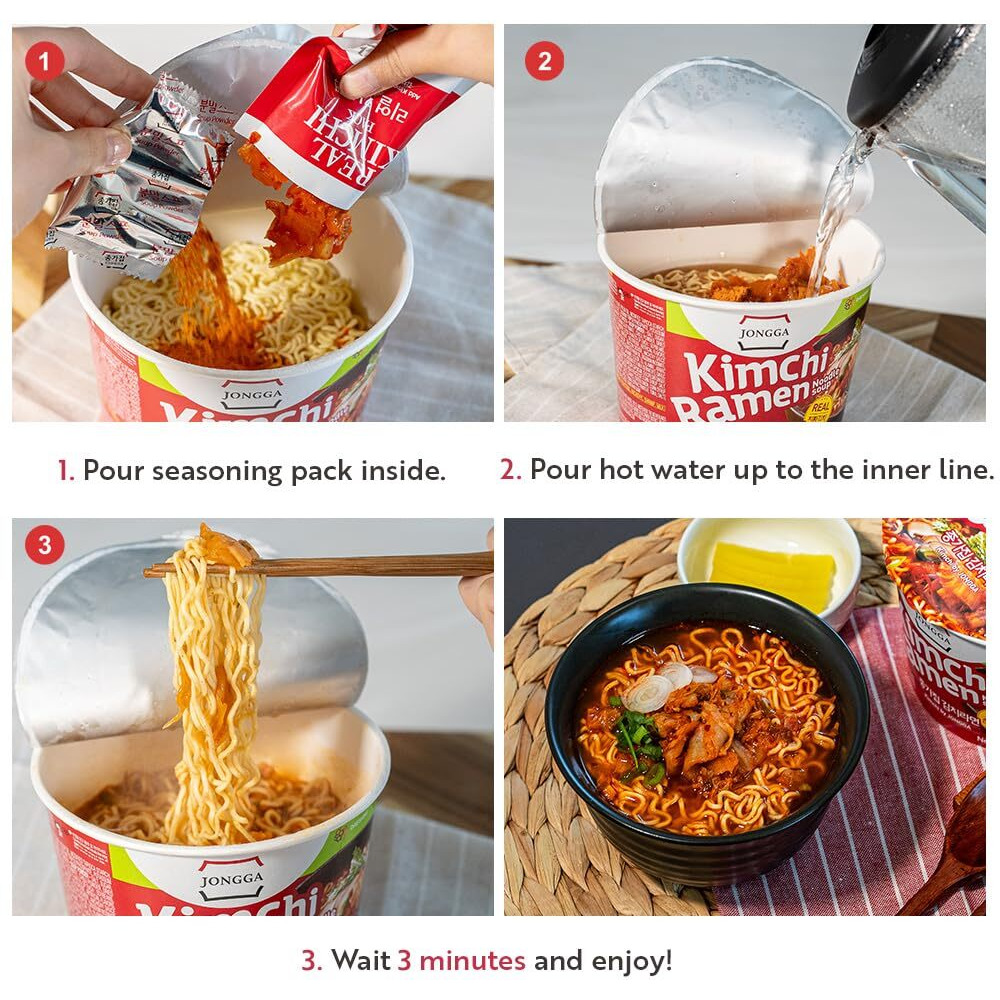 Jongga Kimchi Ramen With Real Kimchi 4.9 Oz Pack Of 6, Korean Instant Hot And Spicy Noodle Soup, Authentic Savory Ramen Bowl, Quick And Convenient