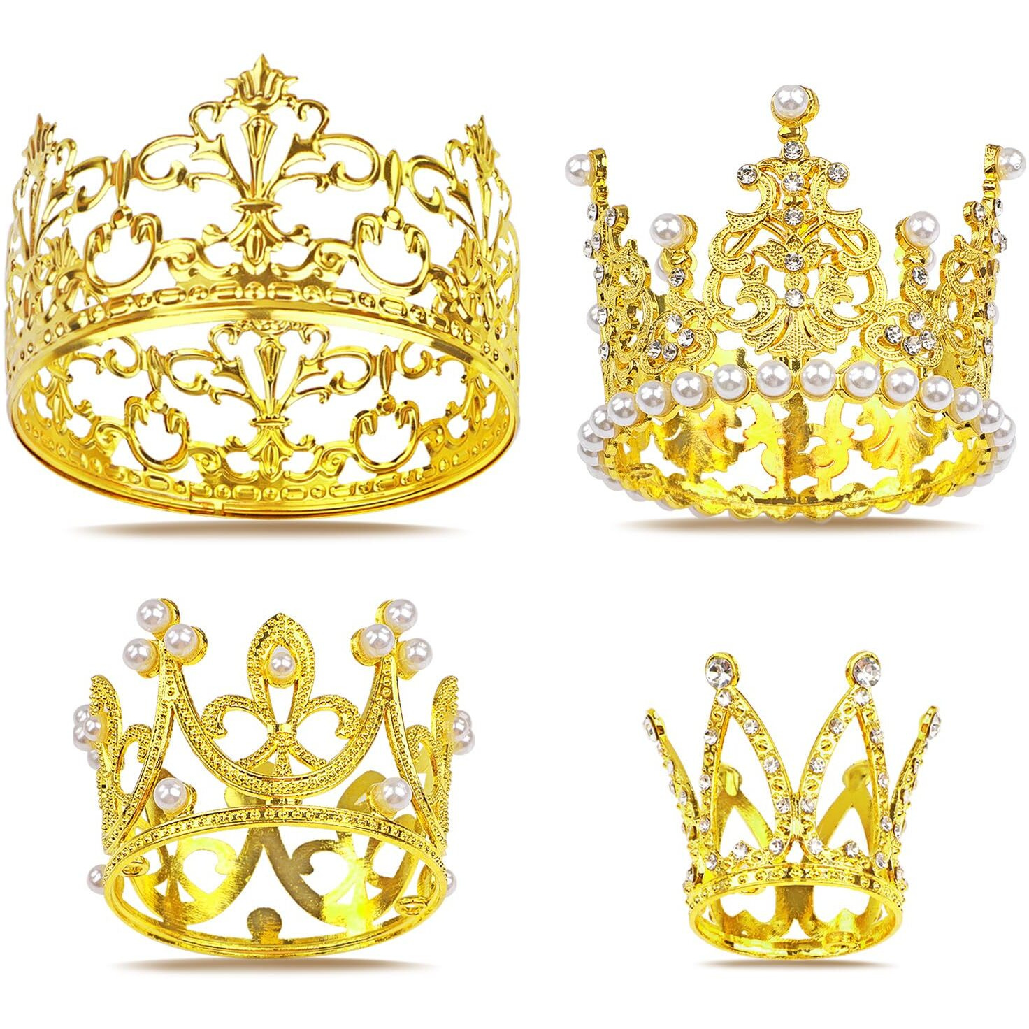 4 Pcs Crown Cake Topper, Gold Mini Crown Flower Arrangements Bouquet, Crystal Pearl Vintage Tiara Small Baby Princess Crown For Birthday Wedding Party Baby Shower Decor Boys And Girls
