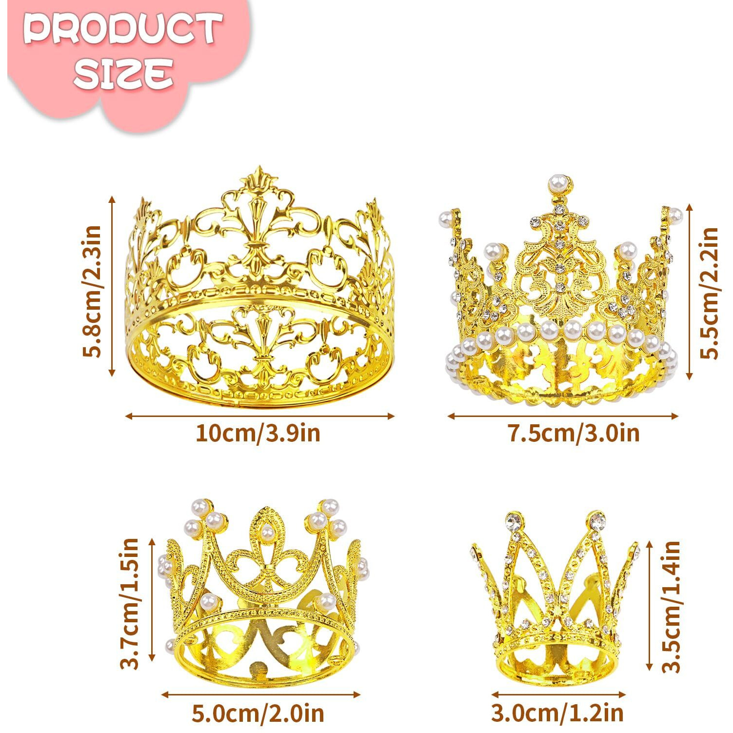4 Pcs Crown Cake Topper, Gold Mini Crown Flower Arrangements Bouquet, Crystal Pearl Vintage Tiara Small Baby Princess Crown For Birthday Wedding Party Baby Shower Decor Boys And Girls
