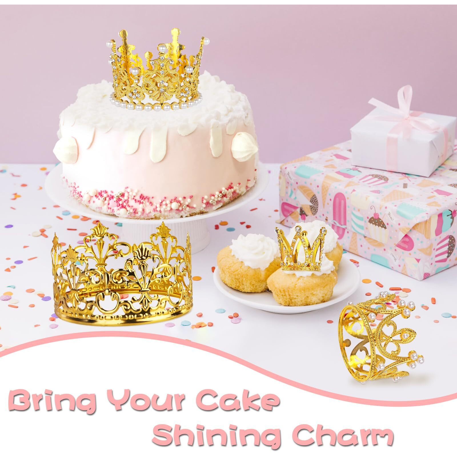 4 Pcs Crown Cake Topper, Gold Mini Crown Flower Arrangements Bouquet, Crystal Pearl Vintage Tiara Small Baby Princess Crown For Birthday Wedding Party Baby Shower Decor Boys And Girls