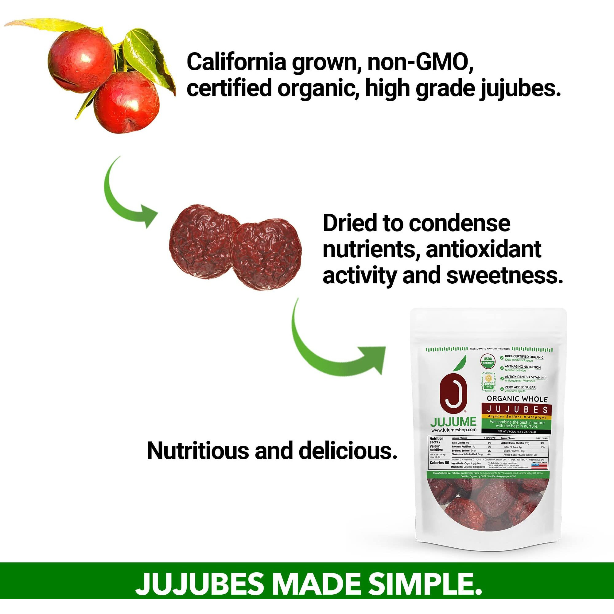 Jujume | Usda Organic California Grown Jujubes Red Dates | Individually Sorted 3X For Qa | High Grade Superfood | Healthy Dried Fruit | Certified All-Natural Non-Gmo | 10-Pack 6 Oz. Bags