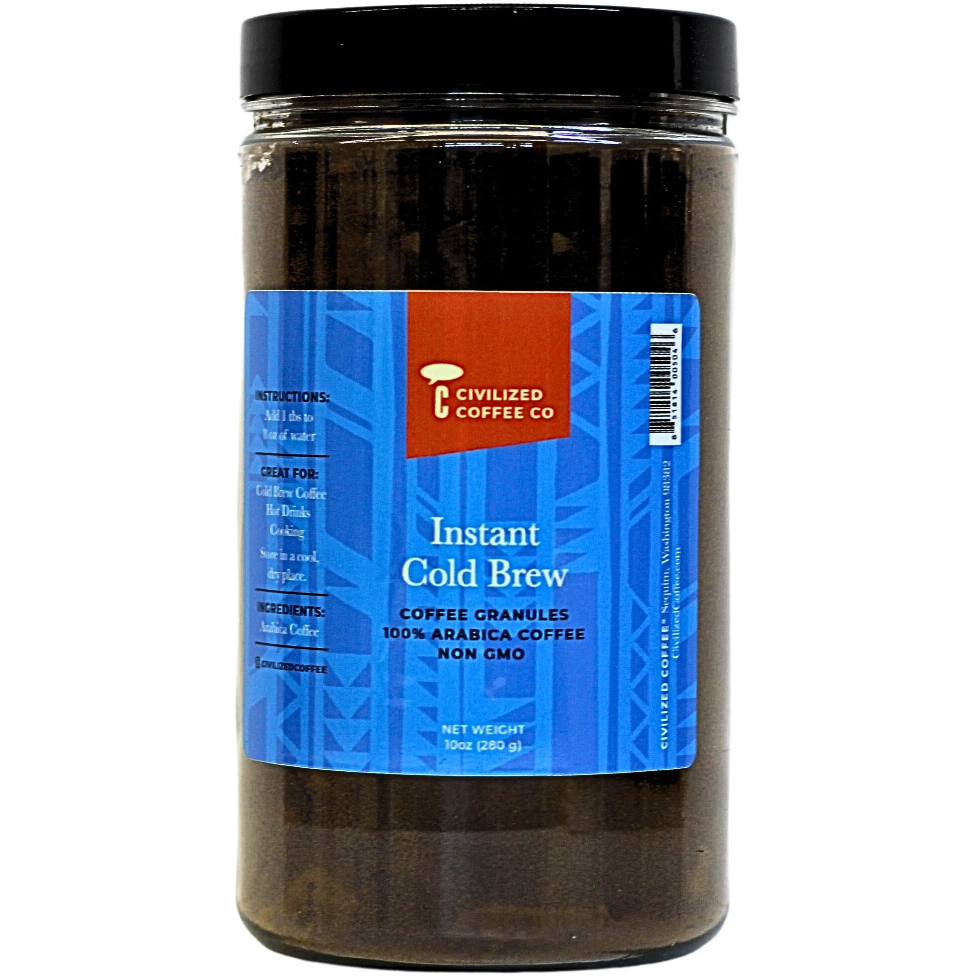 Civilized Coffee Instant Cold Brew Coffee Granules Medium Dark Roast Non-Gmo Jar (10 Oz)