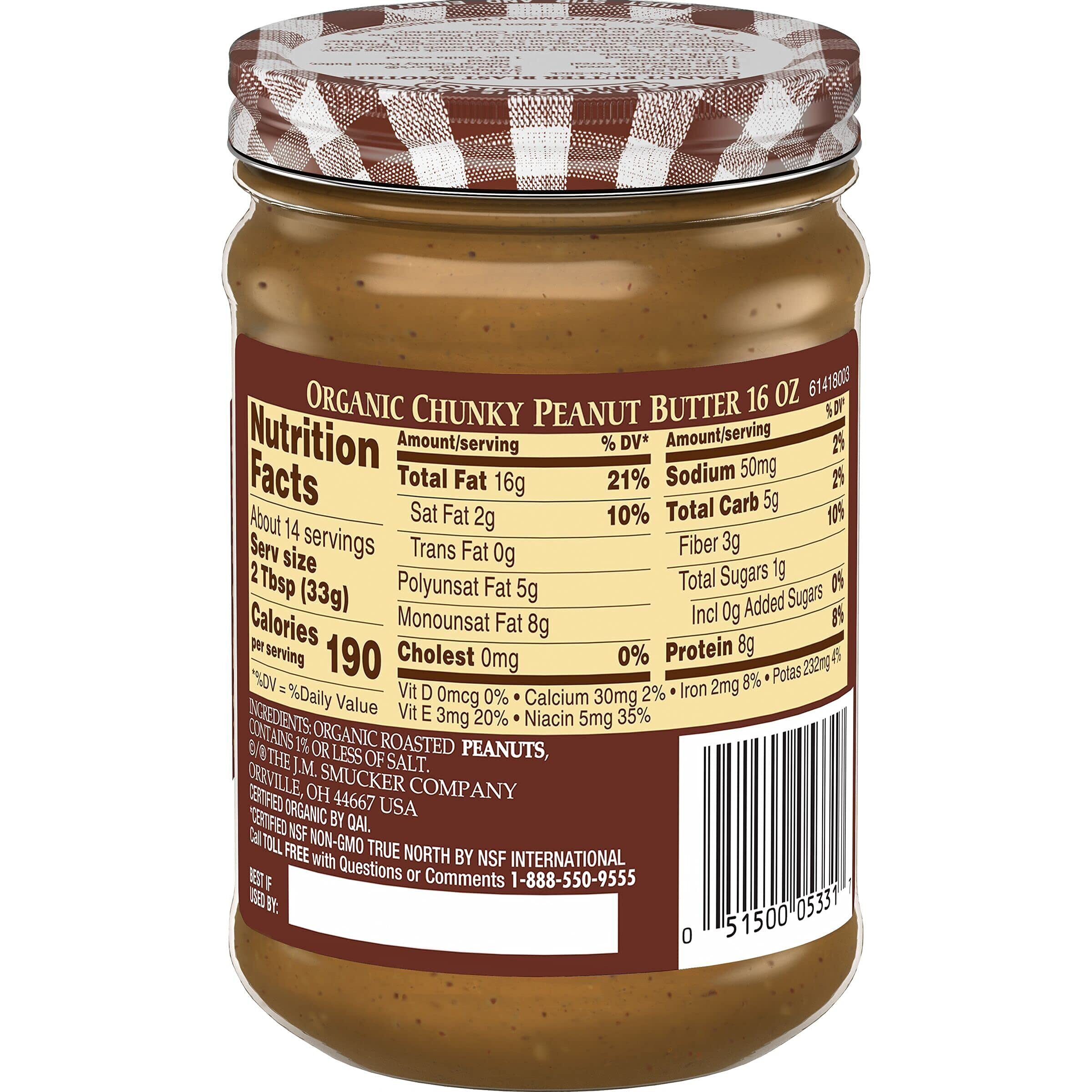 Smucker's Organic Peanut Butter, Chunky, 16Oz (Pack Of 6)