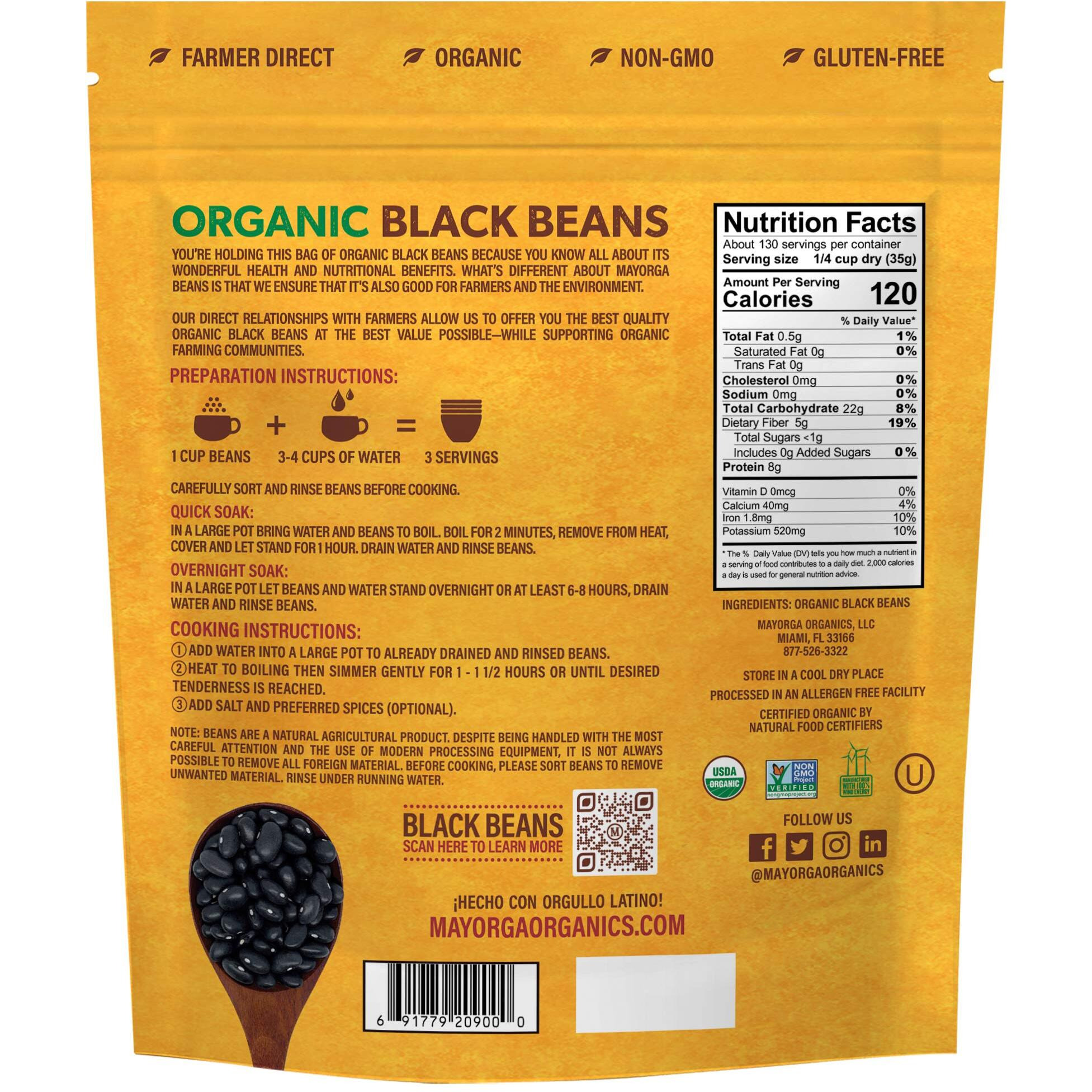 Organic Dry Black Beans By Mayorga, Usda Organic Certified, Gluten-Free, Non-Gmo Verified, Direct Trade, Kosher, Frijoles Negros, 10 Lb Resealable Bag