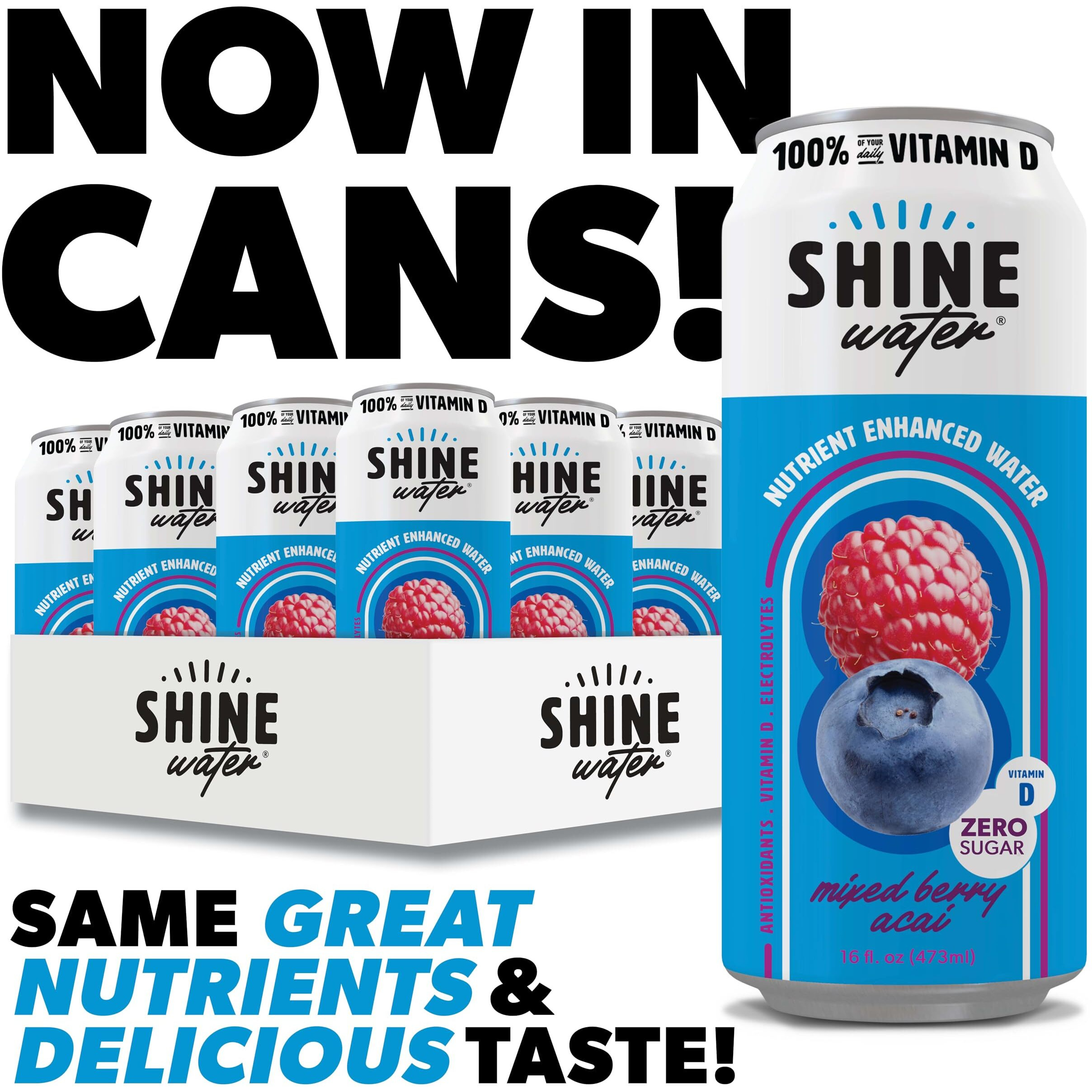 Shinewater Vitamin D Hydration Electrolyte Drink, Acai Mixed Berry 12 Pack, Sugar Free Naturally Flavored Water, Magnesium, Zinc, Vitamin B12, Folic Acid, Plant Based Antioxidants, Low Calorie