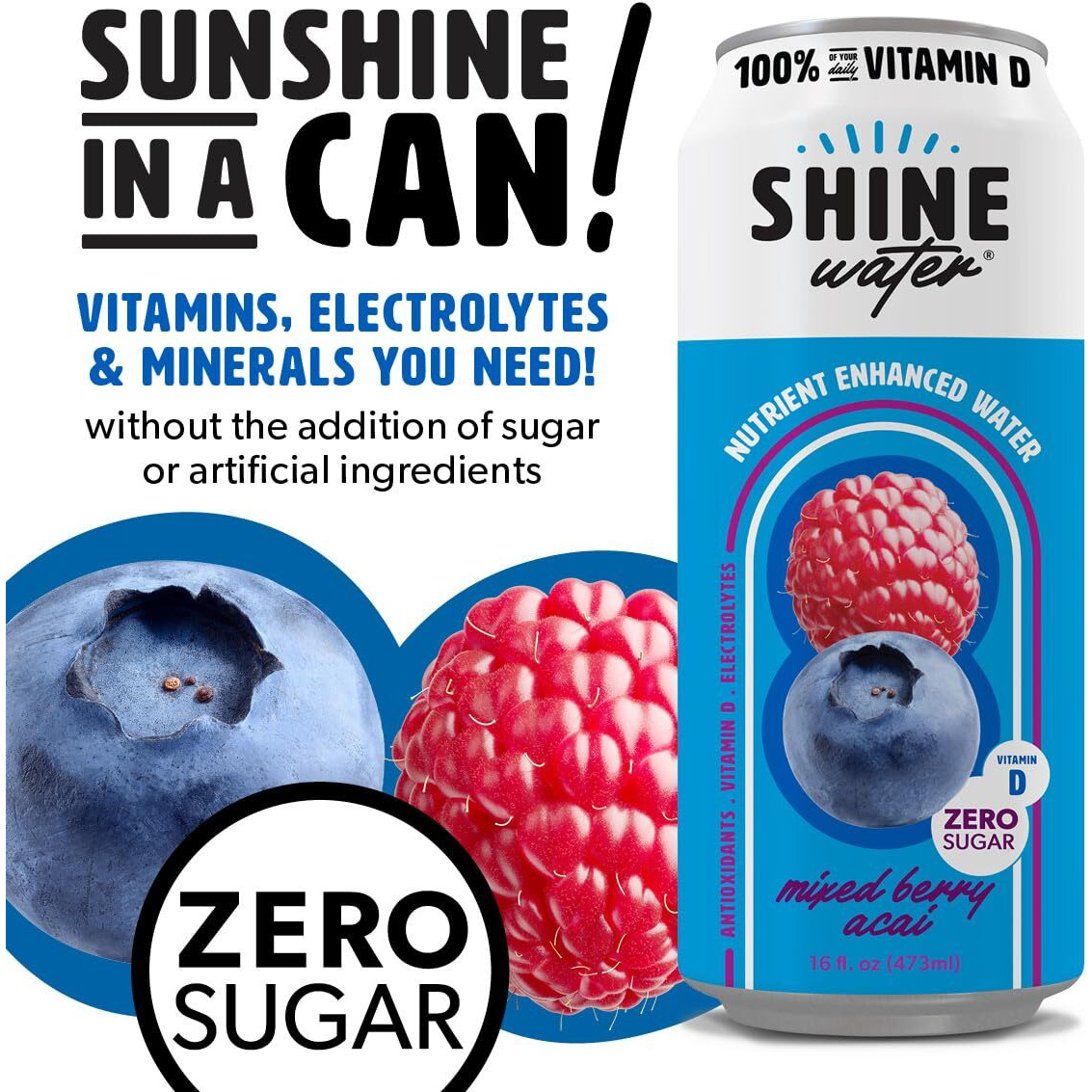 Shinewater Vitamin D Hydration Electrolyte Drink, Acai Mixed Berry 12 Pack, Sugar Free Naturally Flavored Water, Magnesium, Zinc, Vitamin B12, Folic Acid, Plant Based Antioxidants, Low Calorie