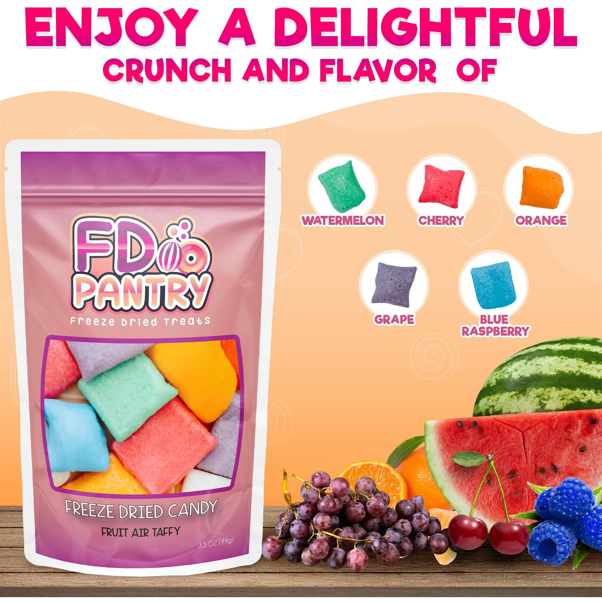 Freeze Dried Air Taffy Crunch Candy - Variety Fruit Flavors, 3.5Oz | Strawberry, Melon, Cherry, Raspberry, Orange, Grape, Mystery | Crunchy Snack Sour Treat, Gift