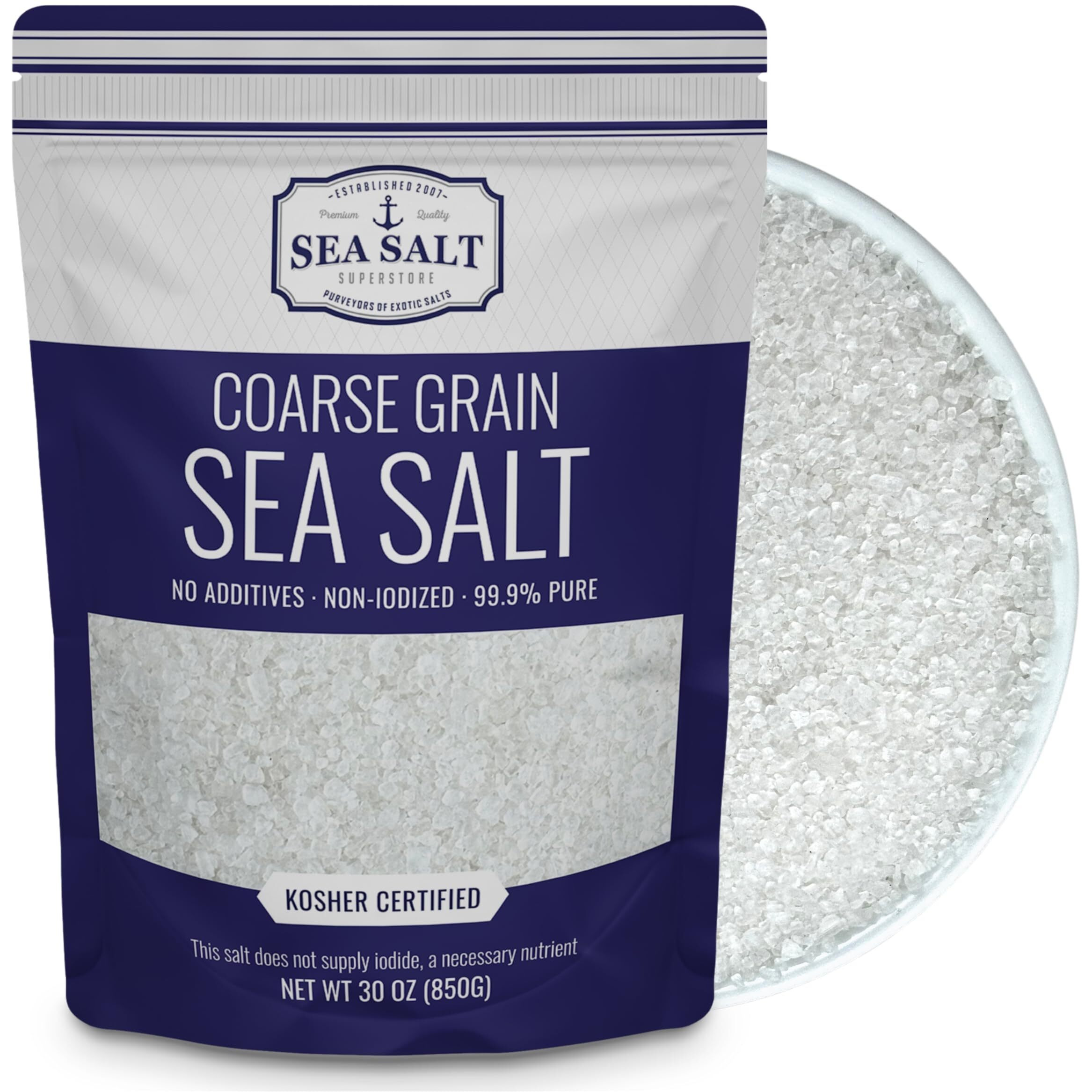 Coarse Sea Salt For Grinder Refill, Coarse Grain Kosher Salt, Non-Iodized Coarse Salt For Cooking, Mineral-Rich Unrefined Baja Salt, 30 Oz Bag, Sea Salt Superstore