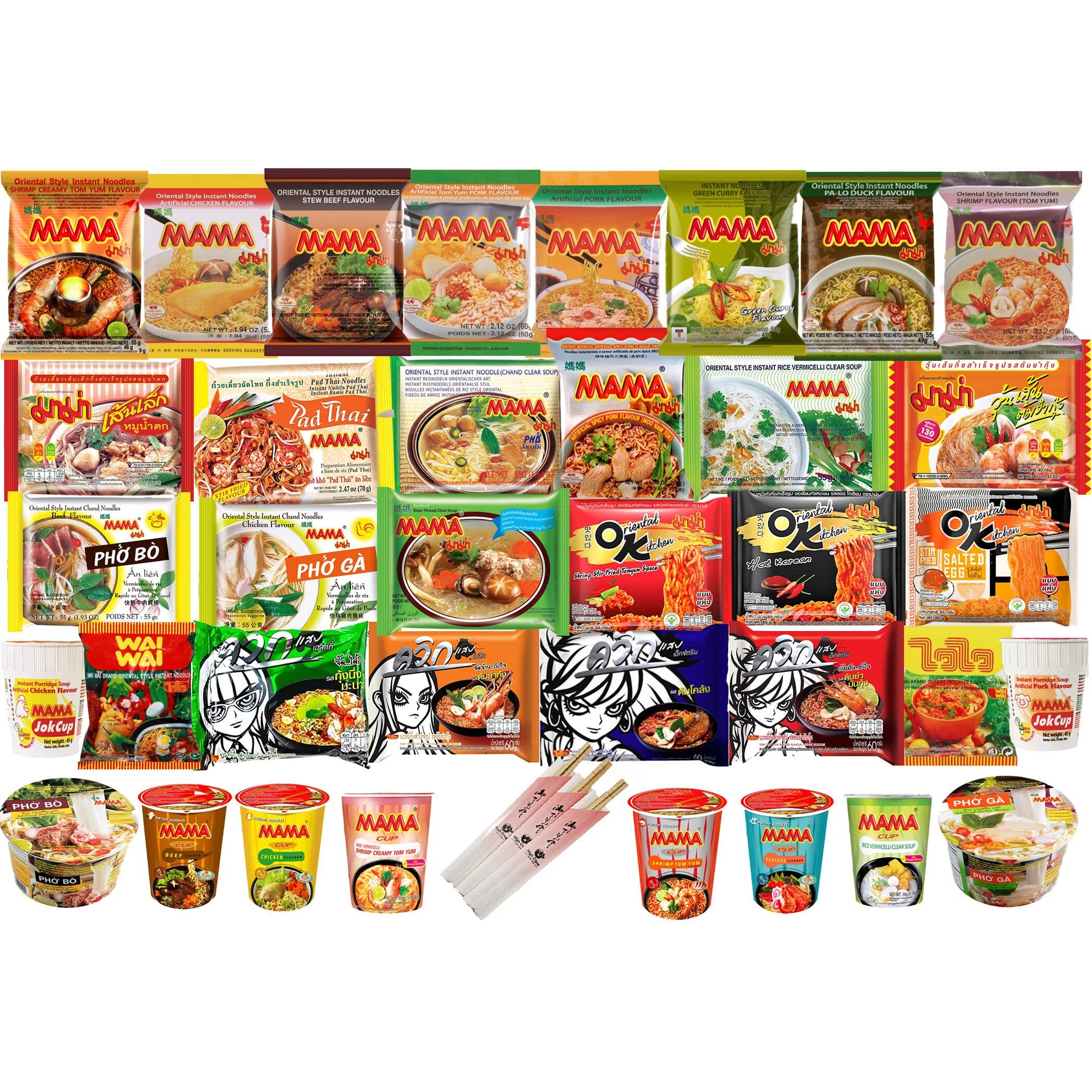 Hcg Thai Ramen Noodles Variety Pack With Mama Soup And Wai Wai Quick Instant Noodle, Pack Of 15 With Chopsticks, 18 Piece Set