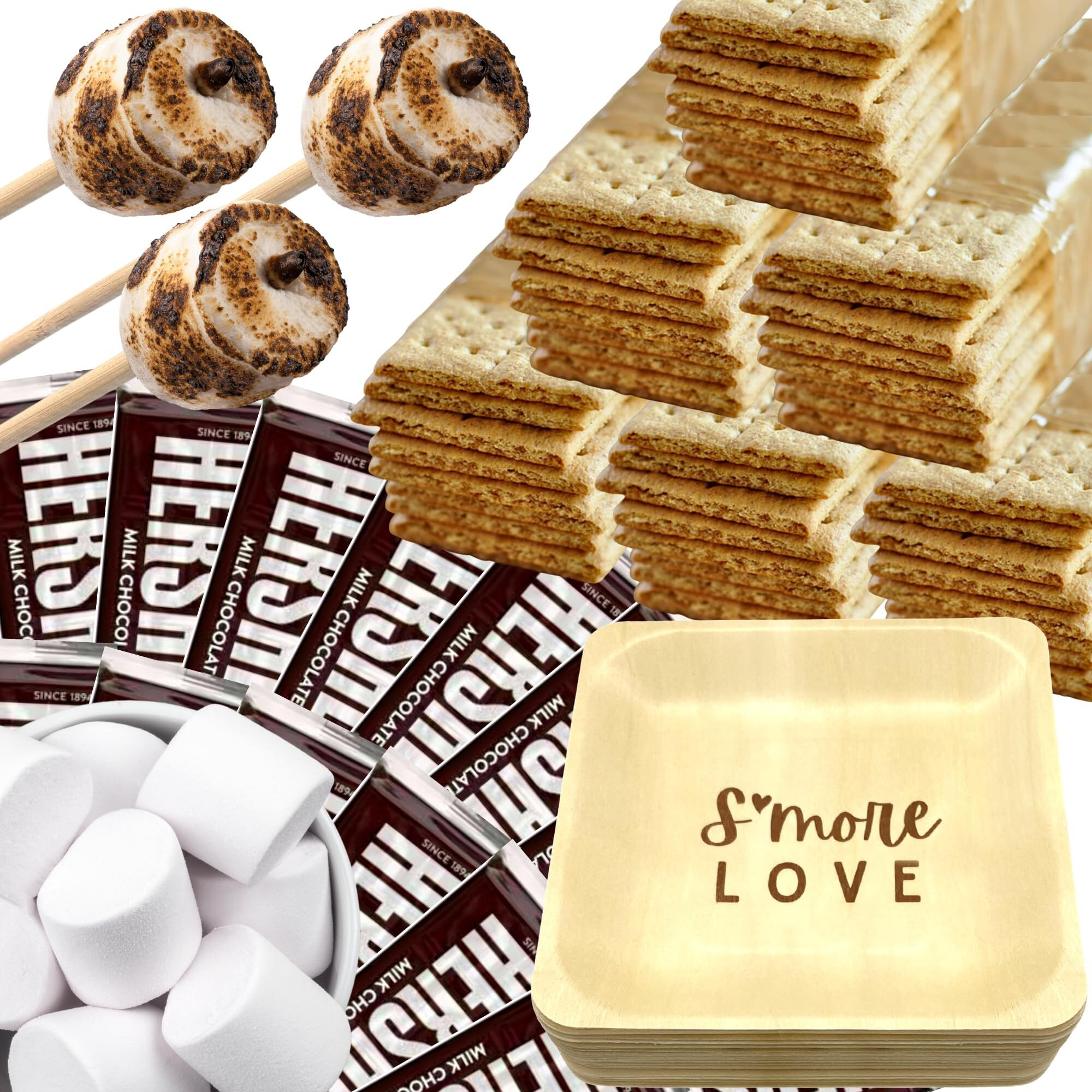 [400 Piece] Wedding/Party Bulk S'Mores Kit - Makes Up To 108 S'Mores - Includes 12"" Roasting Sticks, Chocolate, Graham Crackers, Plates And Marshmallows