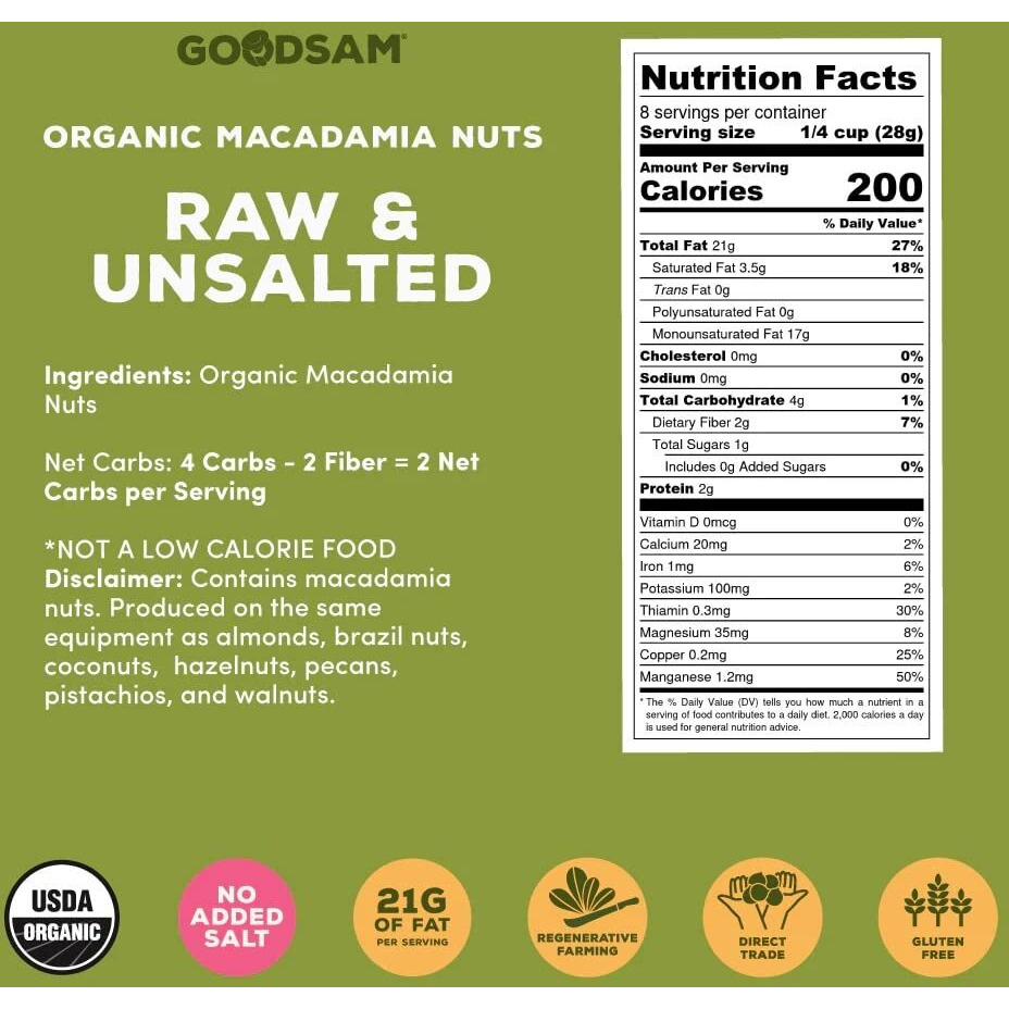 Goodsam Organic Raw Macadamia Nuts 0.5 Lb, Unsalted, Gluten Free, Non Gmo, Vegan, Keto, Regenerative Farming, Direct Trade