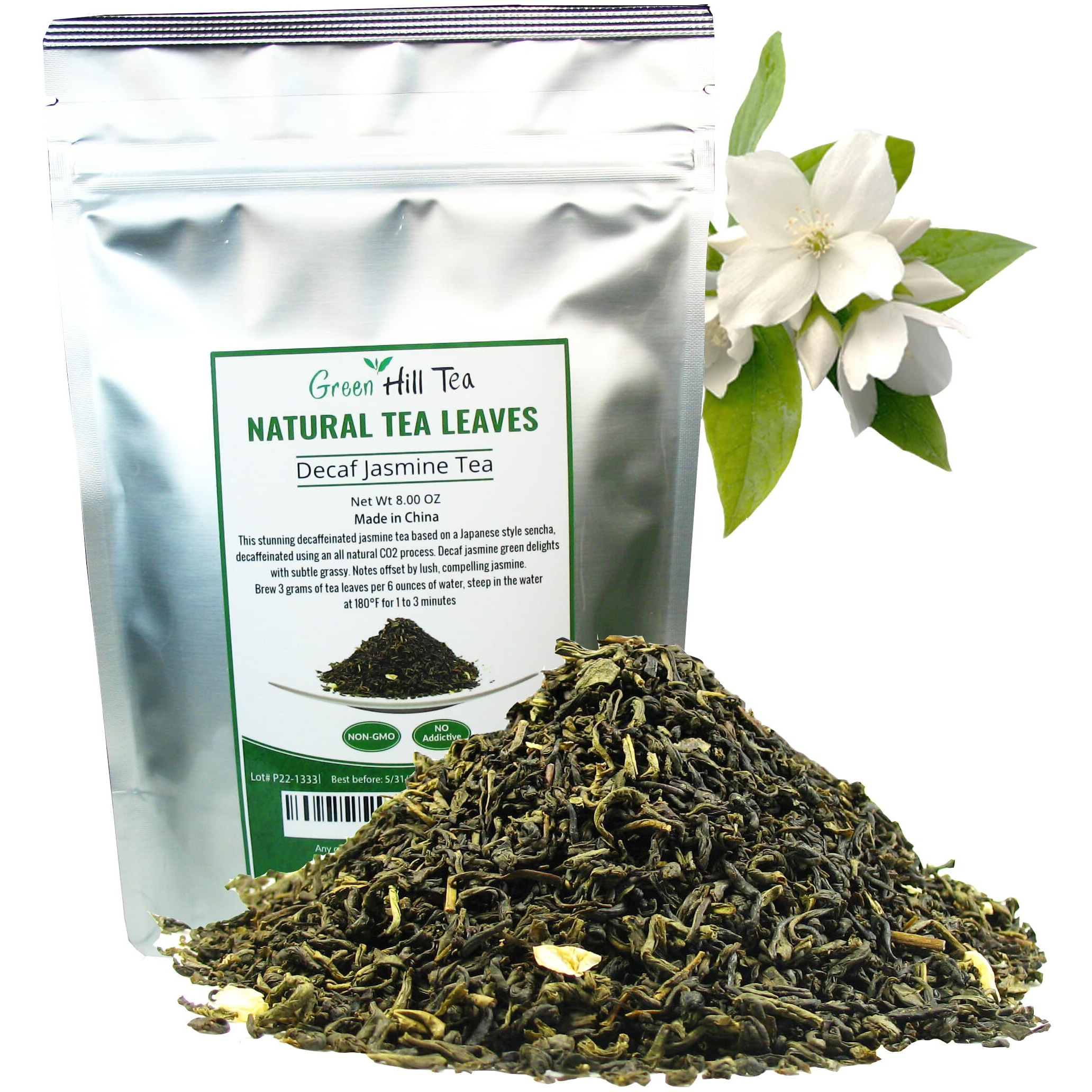 Decaf Jasmine Tea, Green Tea Co2 Naturally Processed Caffeine-Free Tea - 8 Oz Bag