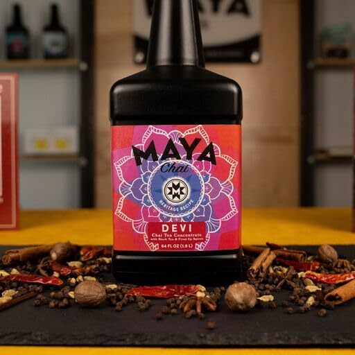 Maya Chai Tea Concentrate, Heritage Recipe, Devi, 64 Ounce With White Pump