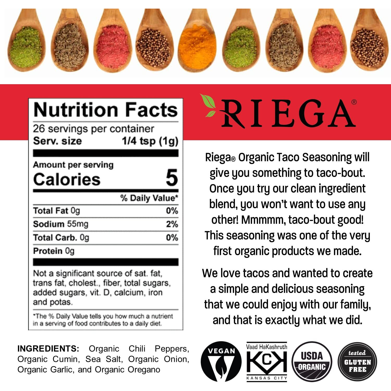 Riega Organic Taco Seasoning, Perfect Tex Mex Spice Mix For Taco Tuesday And Chili 0.9 Ounce (Pack Of 8)