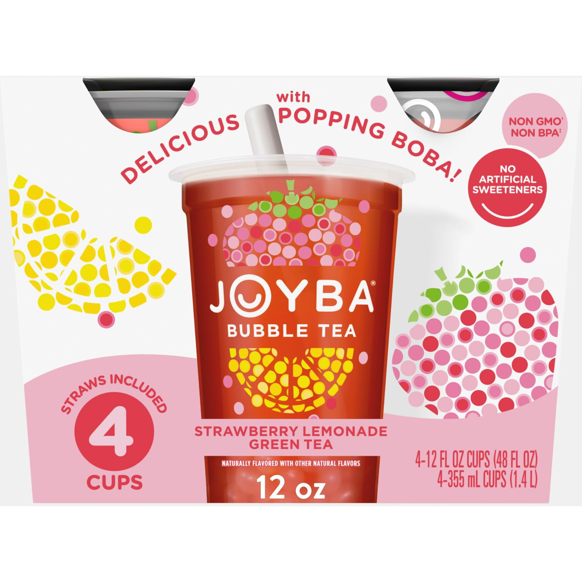 Joyba Bubble Tea Strawberry Lemonade Green Tea, 4 Pack, 12 Fl. Oz. Cups
