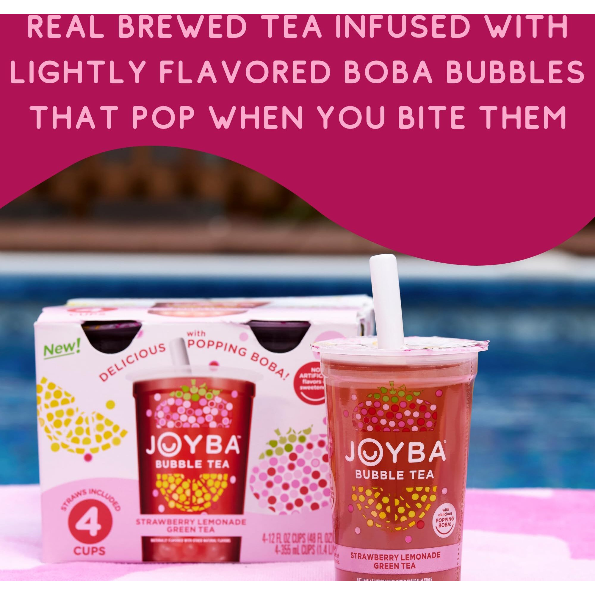 Joyba Bubble Tea Strawberry Lemonade Green Tea, 4 Pack, 12 Fl. Oz. Cups