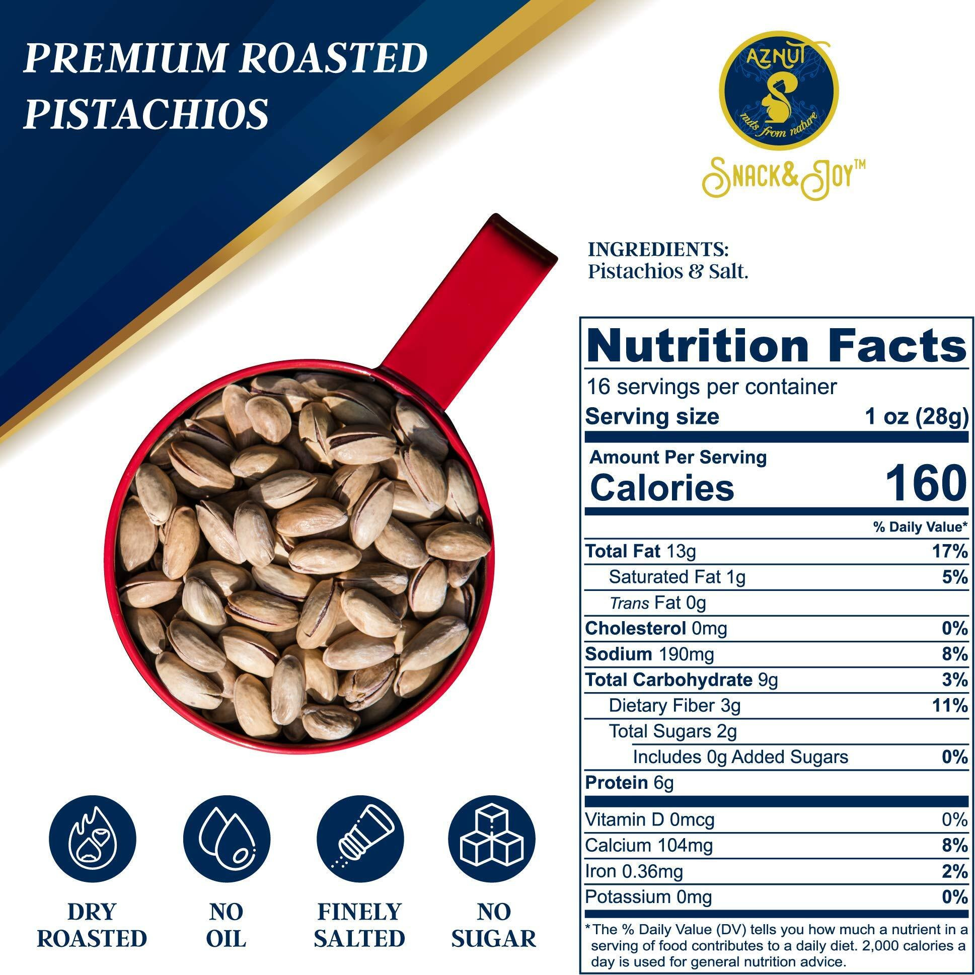 Aznut Turkish Antep Roasted Salted Pistachios 3 Lb, 100% Natural Premium Quality Class A, Non Gmo Project Certified, Kosher Certified, Great Snacks, Resealable Bag 3 Lb