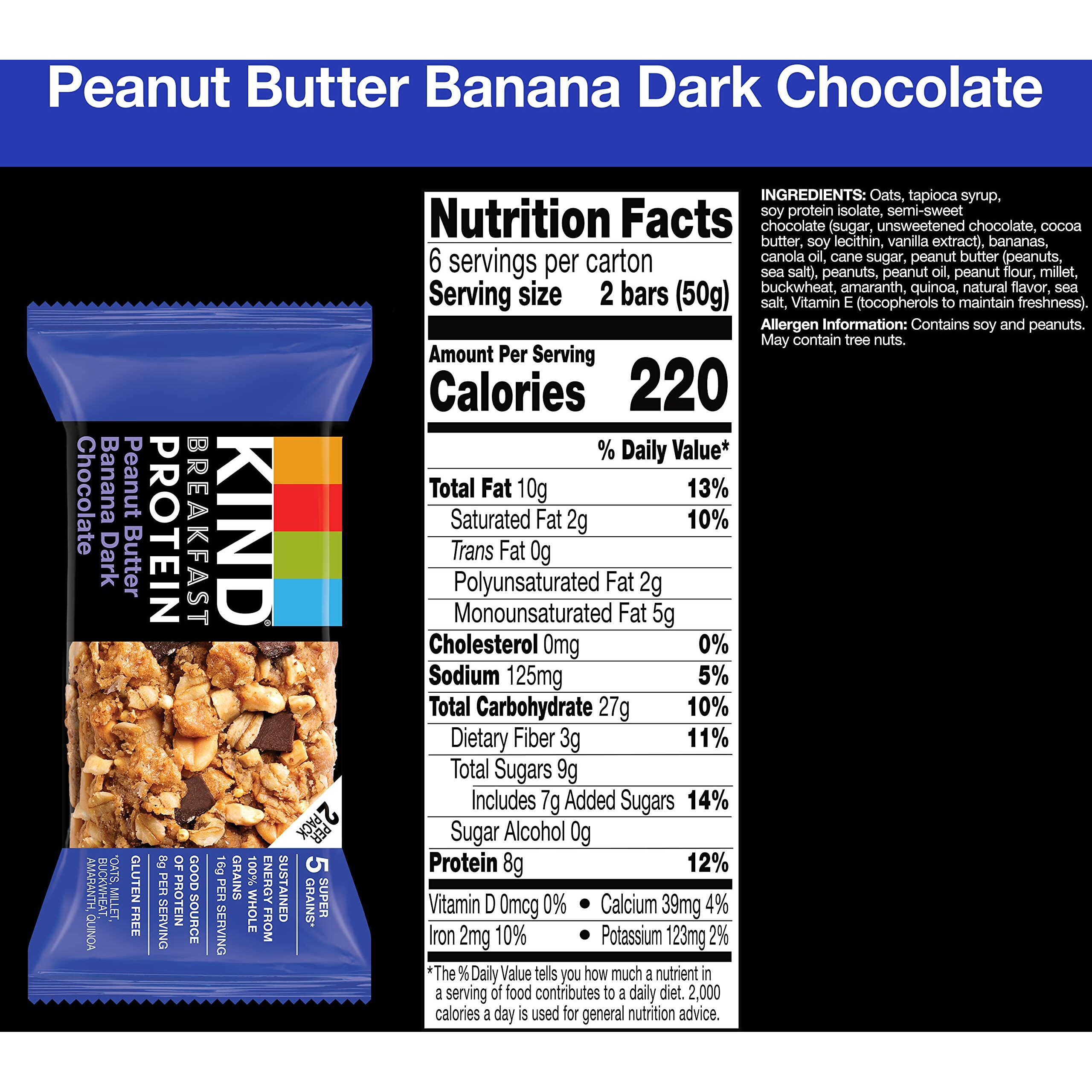 Kind Breakfast, Healthy Snack Bar, Peanut Butter Banana Dark Chocolate, Gluten Free Breakfast Bars, 8G Protein, 1.76 Oz Packs (30 Count)