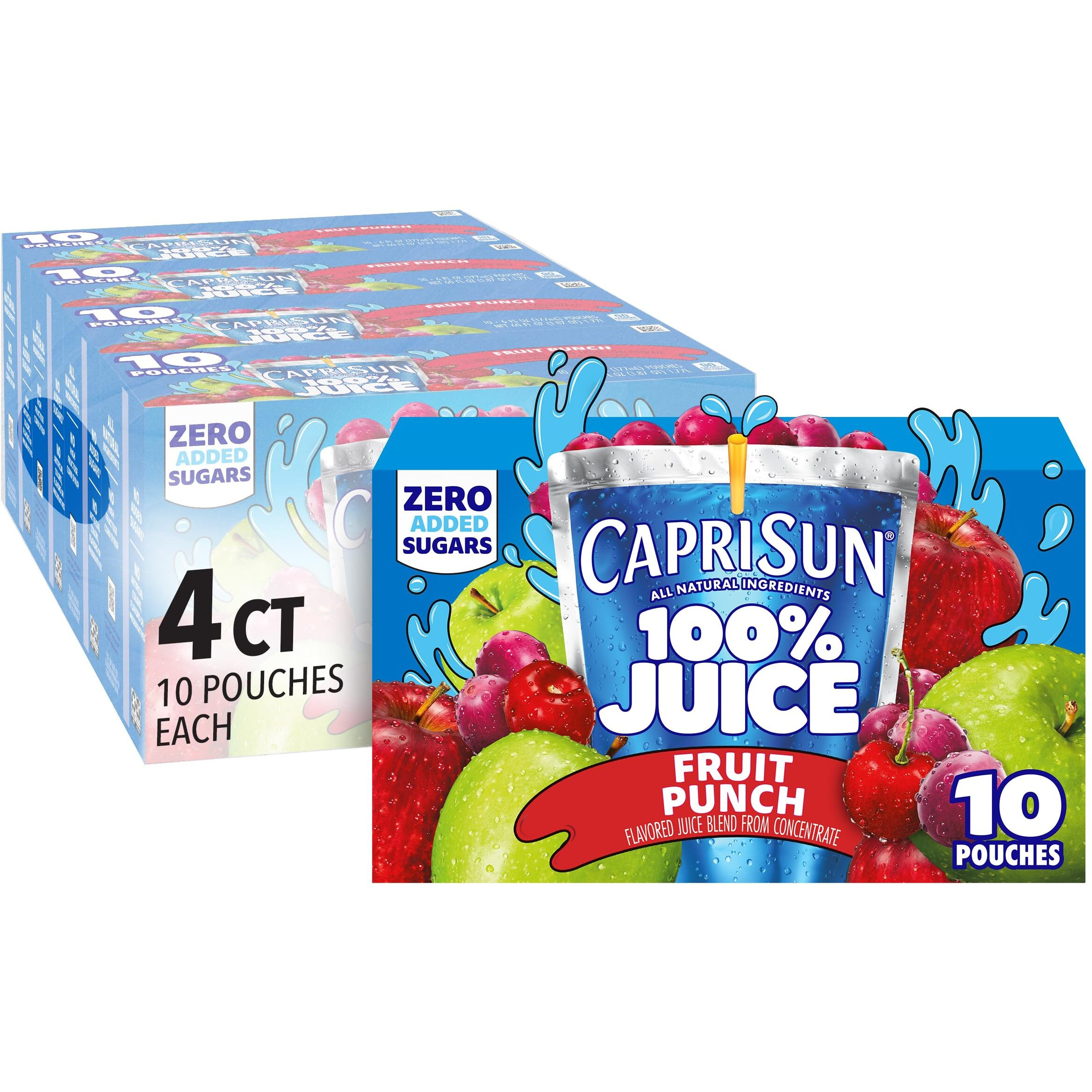 Capri Sun 100% Juice Fruit Punch Naturally Flavored Kids Juice Blend (40 Ct Pack, 4 Boxes Of 10 Pouches)