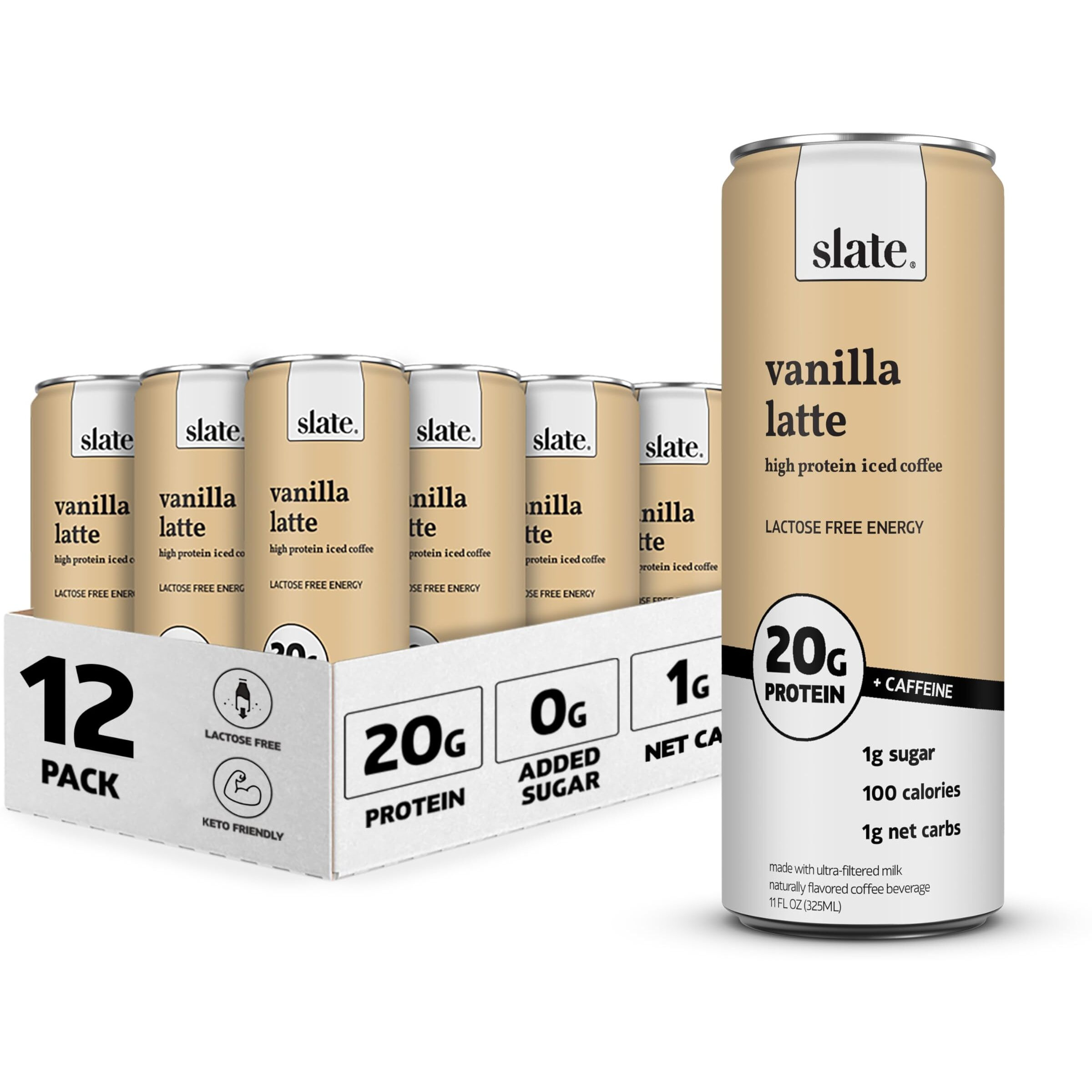 Slate Milk - High Protein Iced Coffee - Vanilla Latte - 175Mg Caffeine, Lactose Free Energy - 20G Protein, 1G Sugar, 100 Calories, 1G Net Carbs, No Sugar Added - Protein Coffee - 11 Fl Oz, 12 Cans