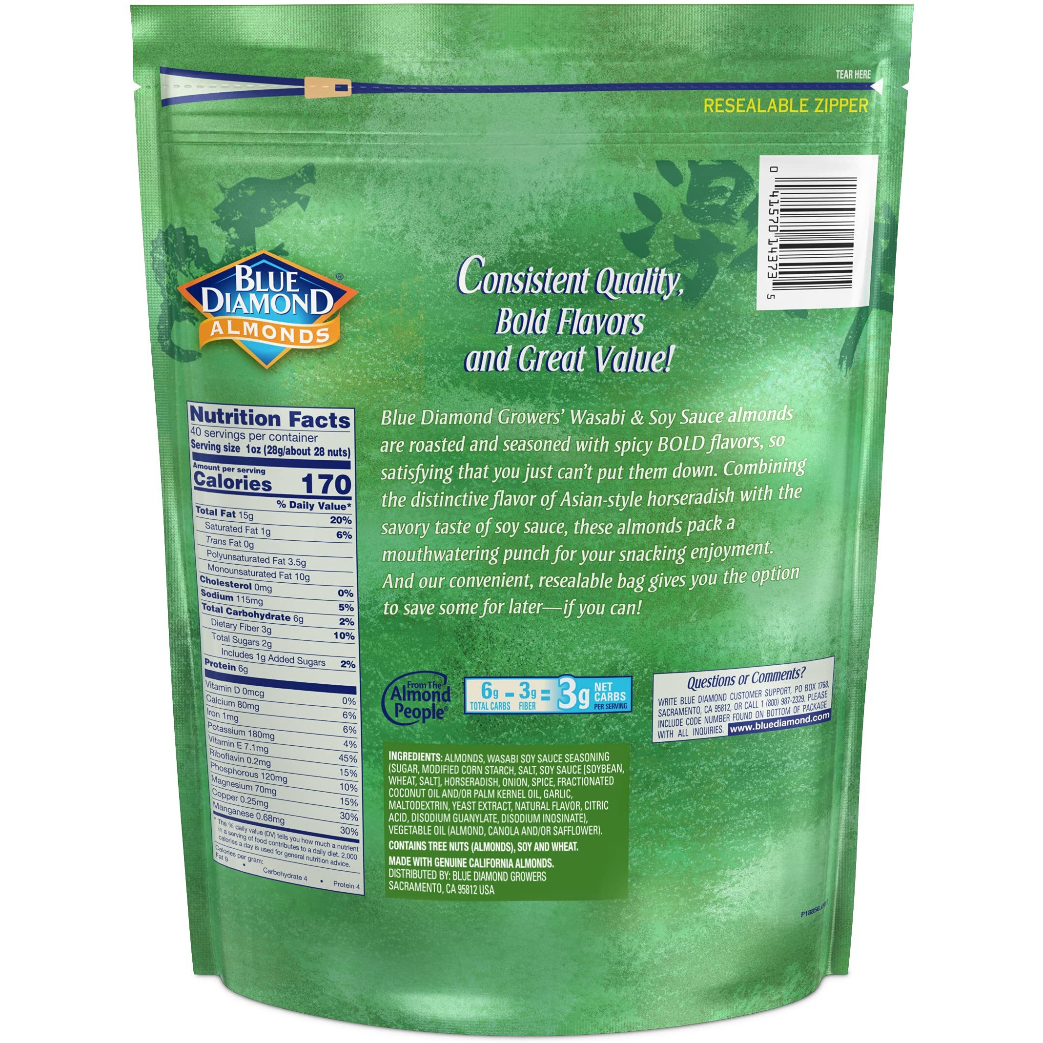 Blue Diamond Almonds Wasabi & Soy Sauce Flavored Snack Nuts, 40 Oz Resealable Bag (Pack Of 1)