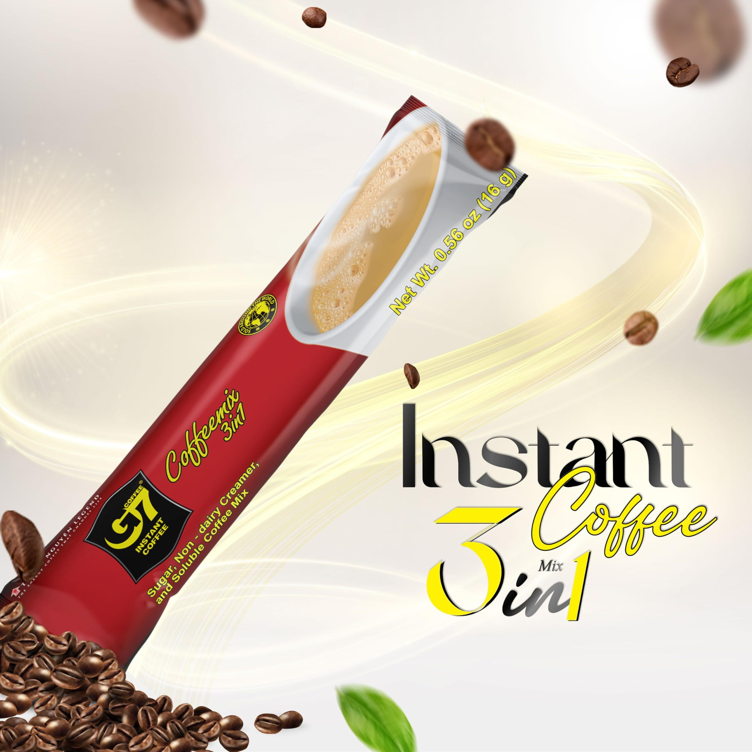 Trung Nguyen G7 Instant Coffee - 3-In-1 With Nano+ Technology, Roasted Ground Blend, Non-Dairy Creamer & Sugar (100 Sticks)
