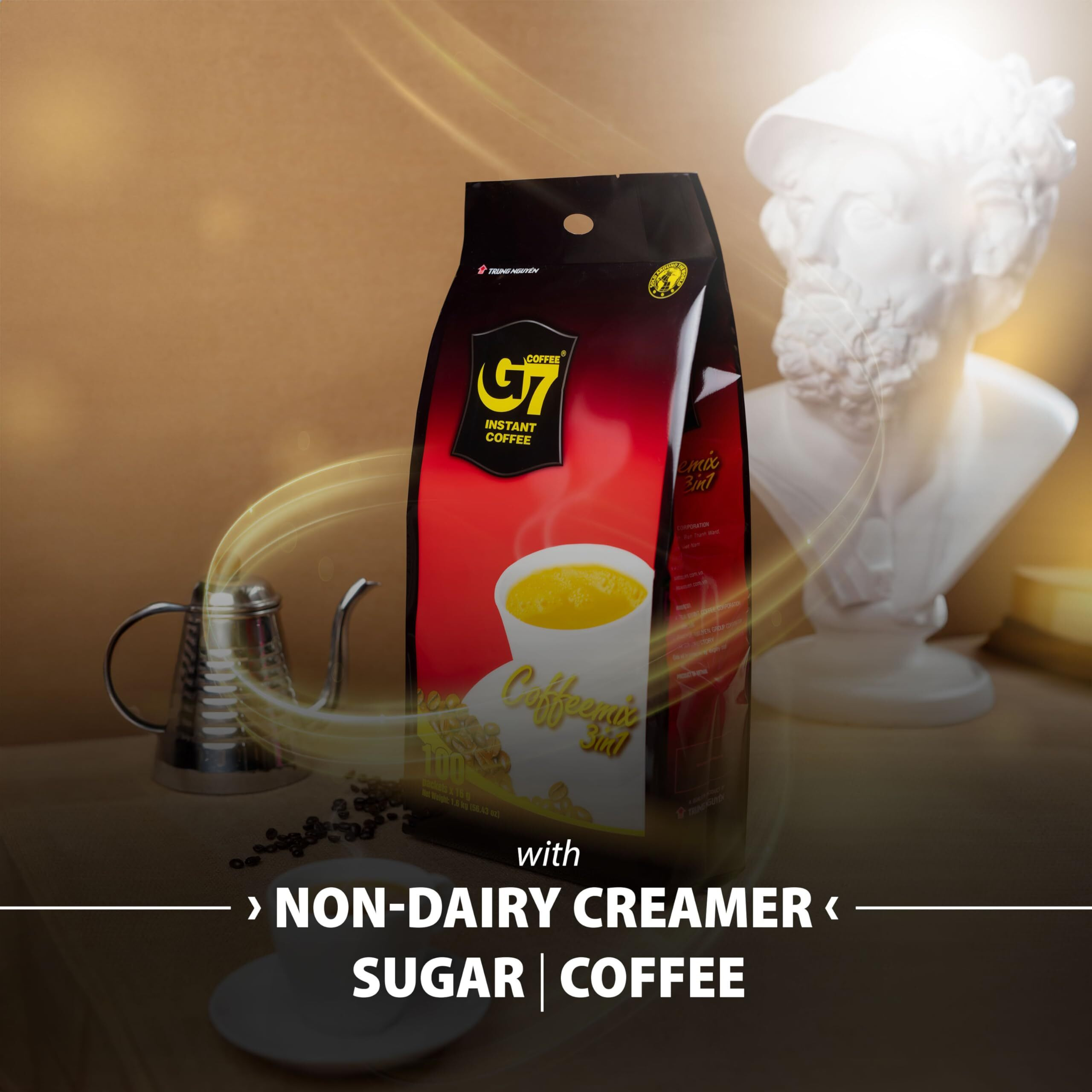 Trung Nguyen G7 Instant Coffee - 3-In-1 With Nano+ Technology, Roasted Ground Blend, Non-Dairy Creamer & Sugar (100 Sticks)