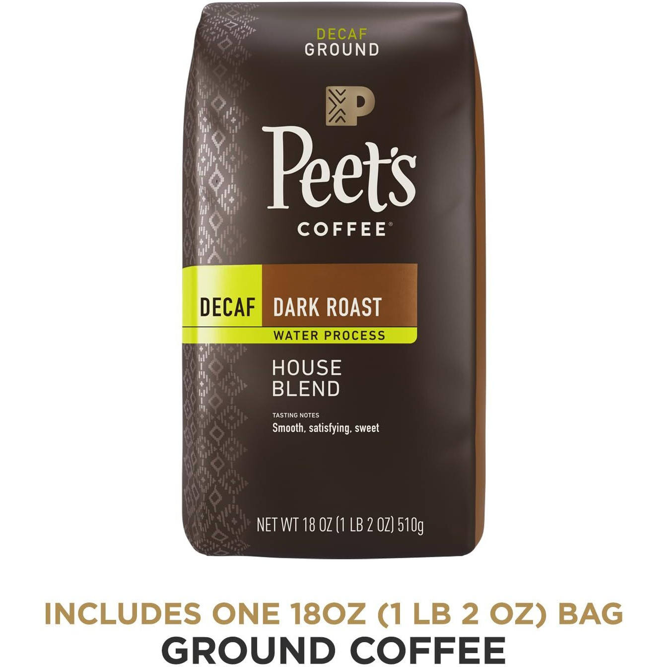 Peet's Coffee, Dark Roast Decaffeinated Ground Coffee - Decaf House Blend 18 Ounce Bag