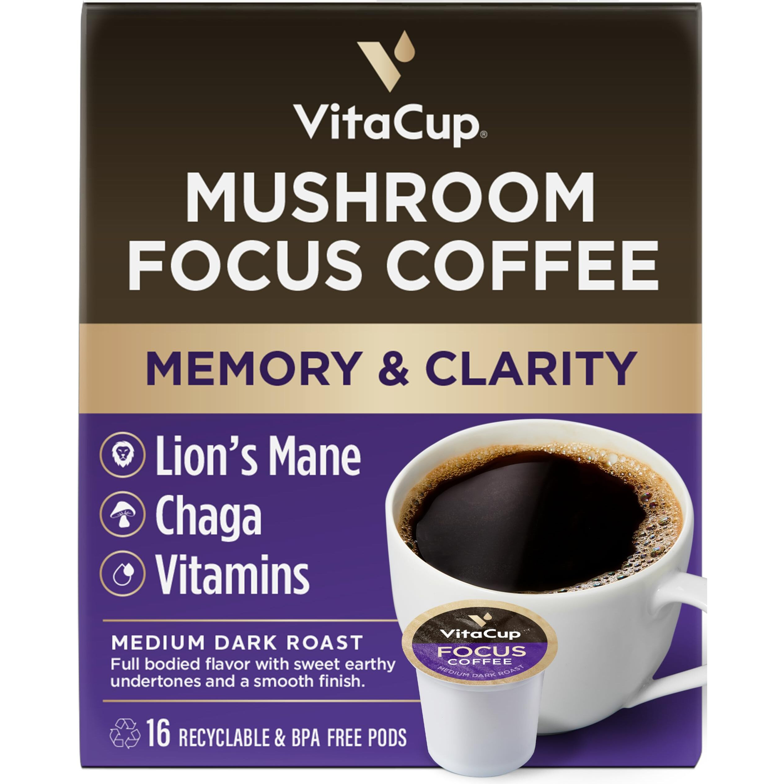 Vitacup Mushroom Coffee Pods - Boost Focus & Immunity With Lions Mane, Chaga, Vitamins, For Memory & Clarity, Recyclable K-Cup Pods, 16 Ct