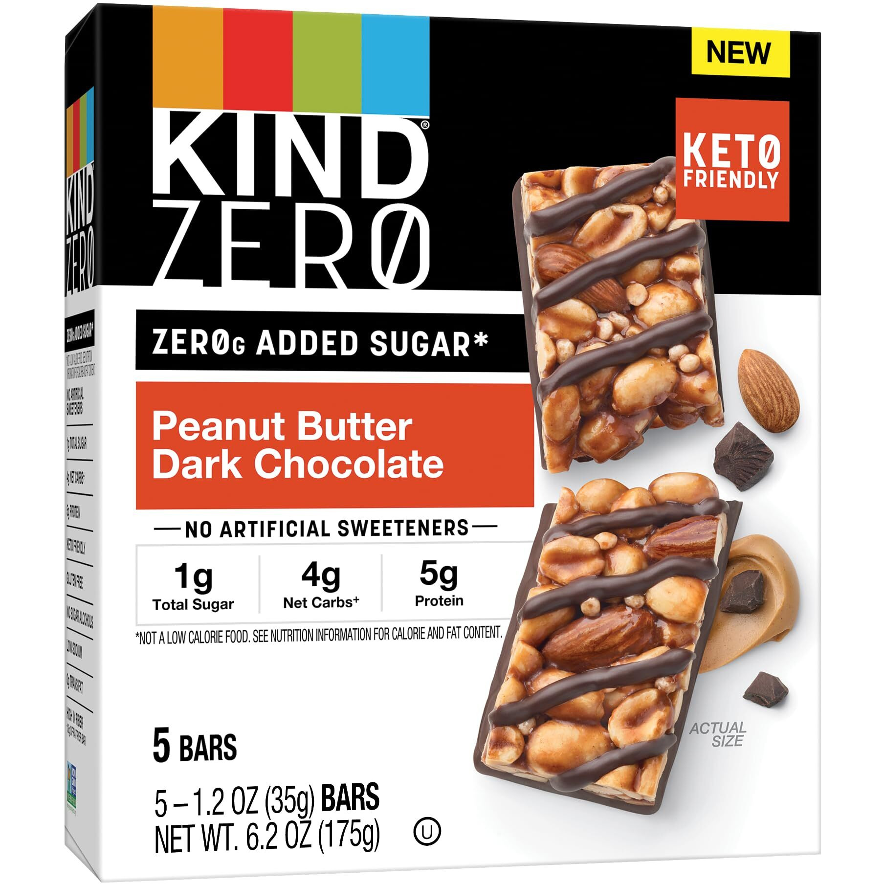Kind Zero Added Sugar Bars, Keto Friendly Snacks, Peanut Butter Dark Chocolate, 6.2Oz Box (5 Bars)