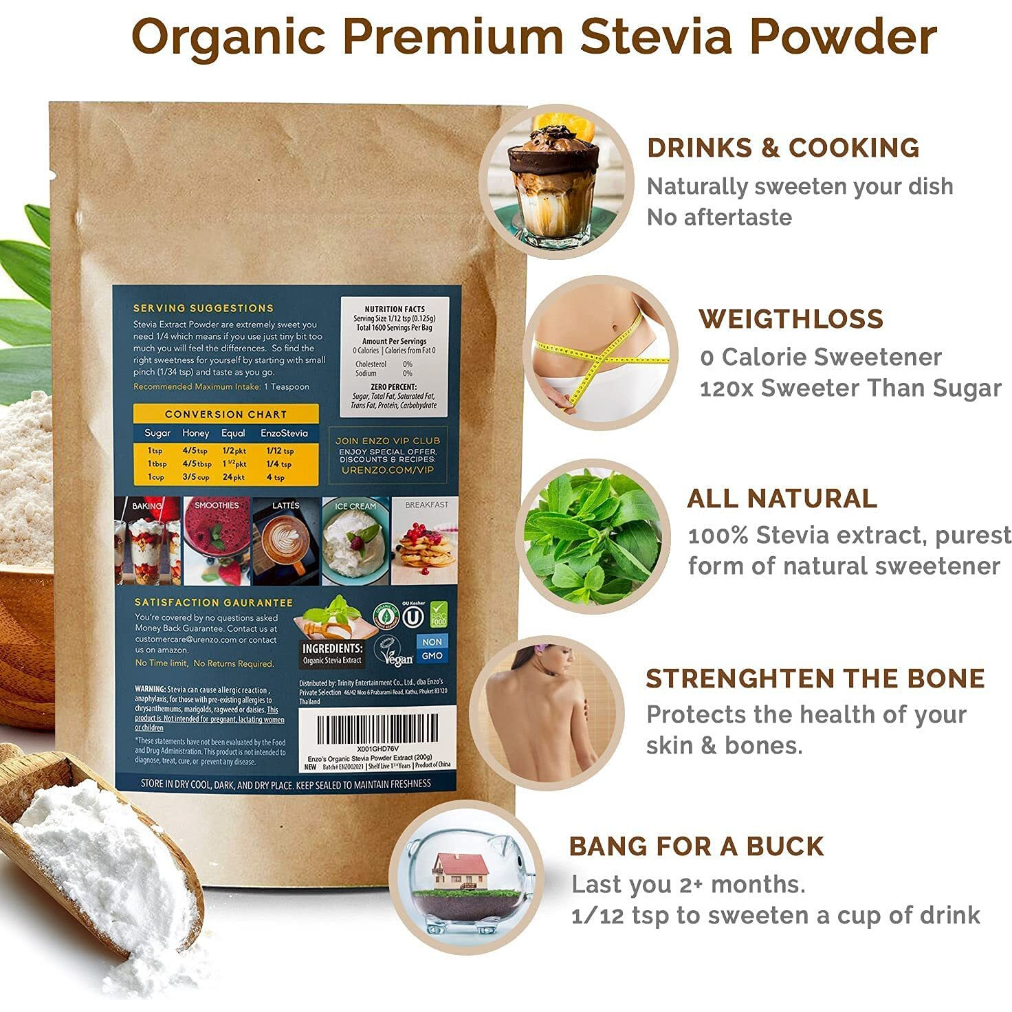 Easy Use Organic Stevia Powder 200G (7.05Oz / 1600 Servings) All Natural Alternative Sweetener 12 X Sweeter Than Processed Sugar With No Artificial Additives & Fillers