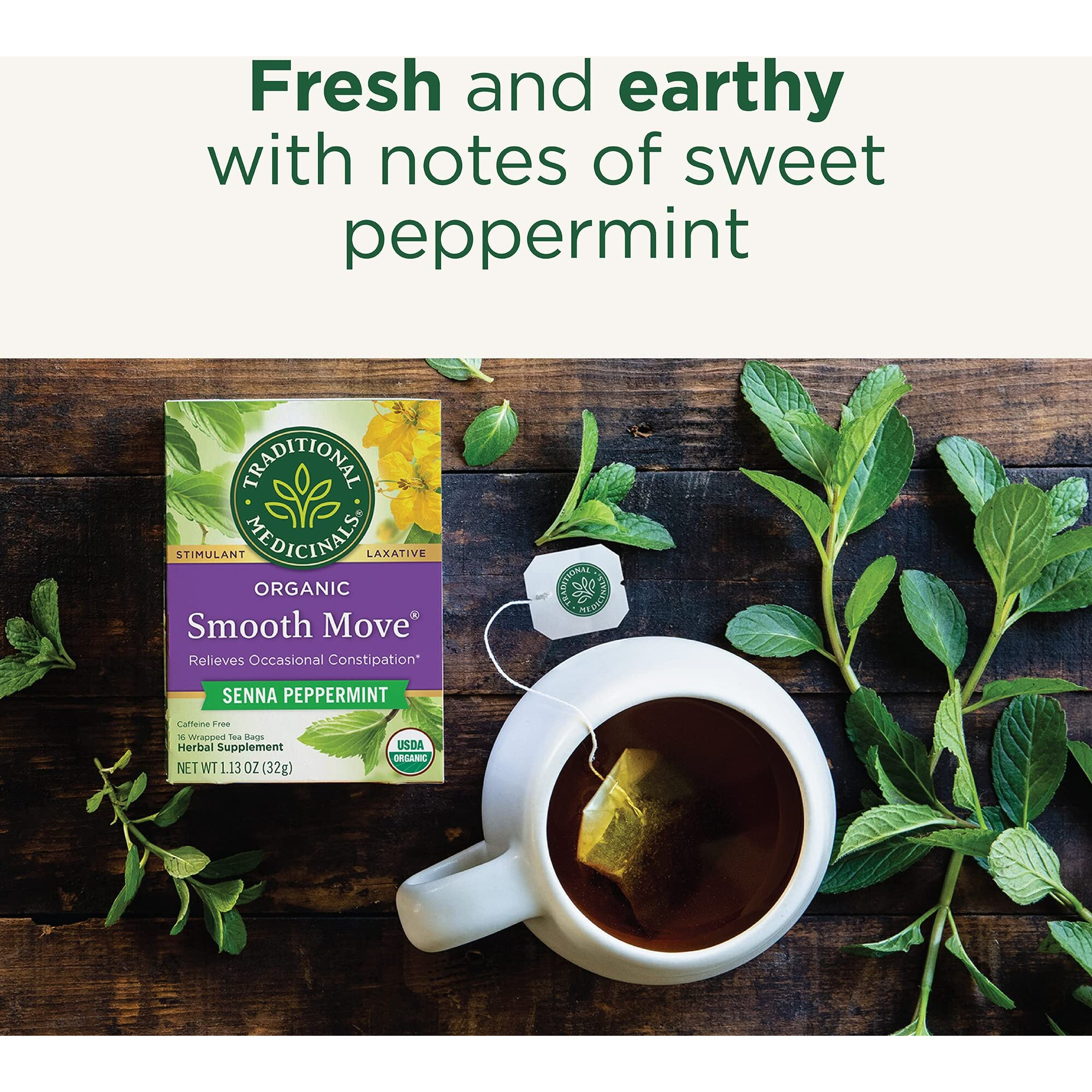 Traditional Medicinals Tea, Organic Smooth Move Peppermint, Relieves Occasional Constipation, Senna, 16 Count (Pack Of 6)