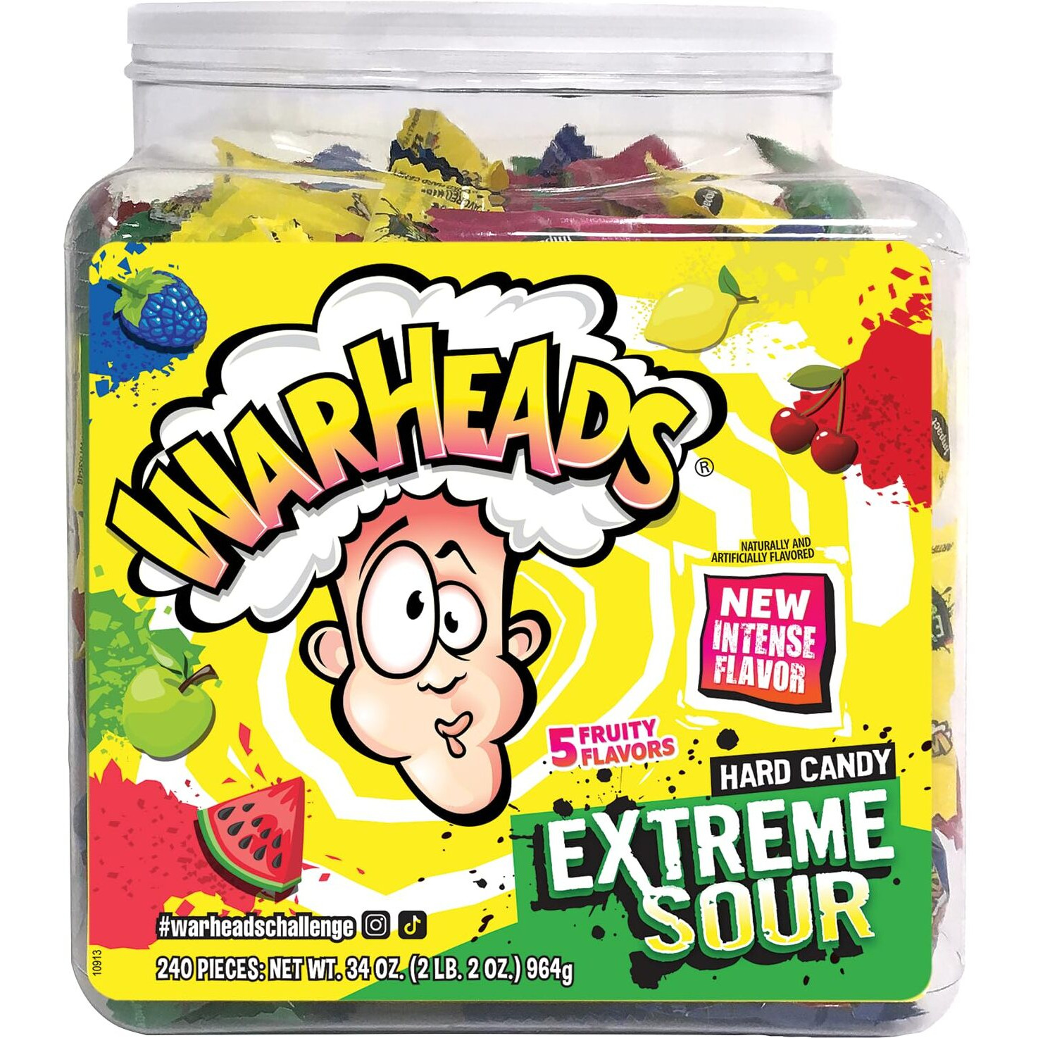 Warheads - Extreme Sour Hard Candy - Sour Apple, Black Cherry, Blue Raspberry, Lemon & Watermelon Flavors - 34 Oz. Tub With 240 Pieces Of Candy