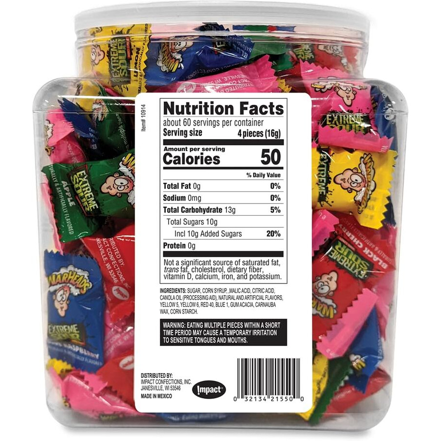 Warheads - Extreme Sour Hard Candy - Sour Apple, Black Cherry, Blue Raspberry, Lemon & Watermelon Flavors - 34 Oz. Tub With 240 Pieces Of Candy