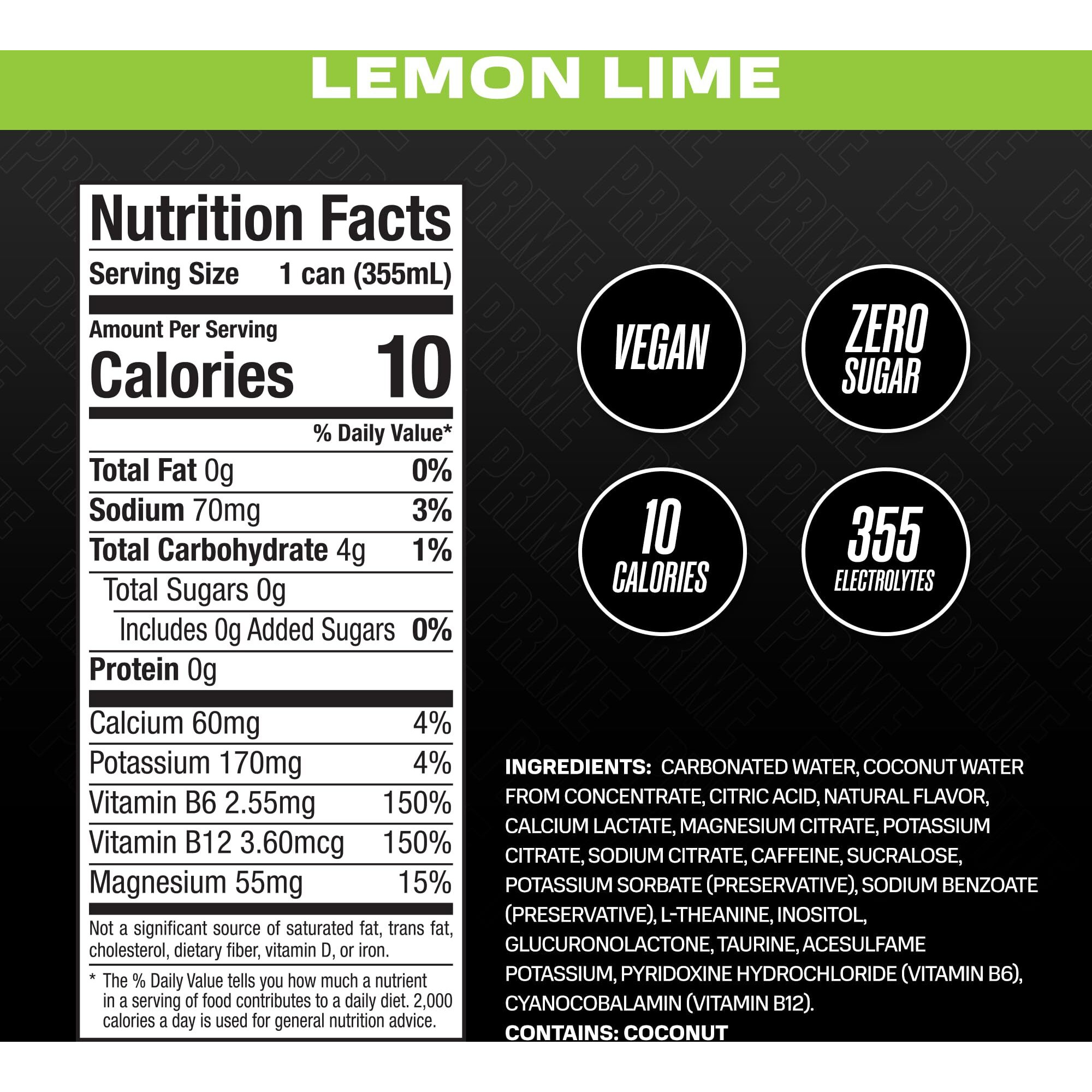 Prime Energy Lemon Lime | Zero Sugar Energy Drink | Preworkout Energy | 200Mg Caffeine With 355Mg Of Electrolytes And Coconut Water For Hydration| Vegan | Gluten Free |12 Fluid Ounce | 24 Pack