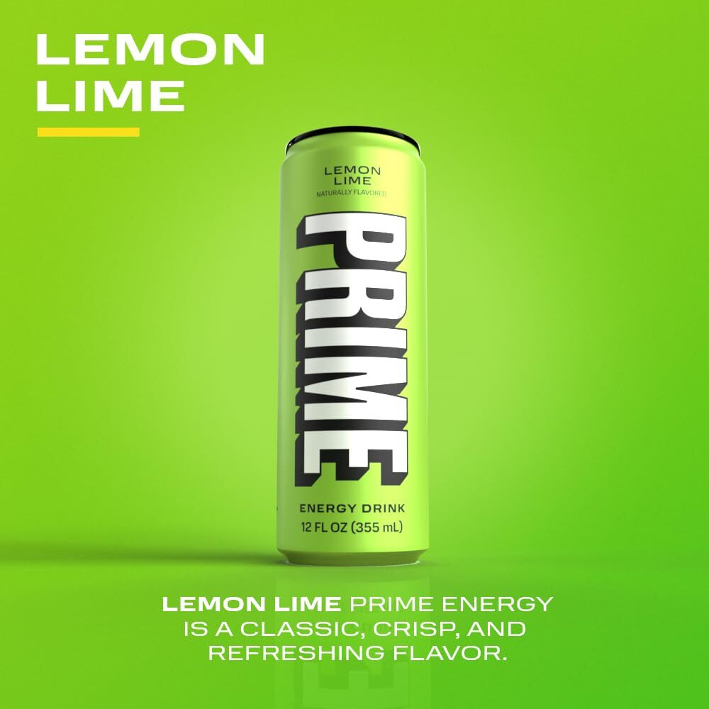 Prime Energy Lemon Lime | Zero Sugar Energy Drink | Preworkout Energy | 200Mg Caffeine With 355Mg Of Electrolytes And Coconut Water For Hydration| Vegan | Gluten Free |12 Fluid Ounce | 24 Pack