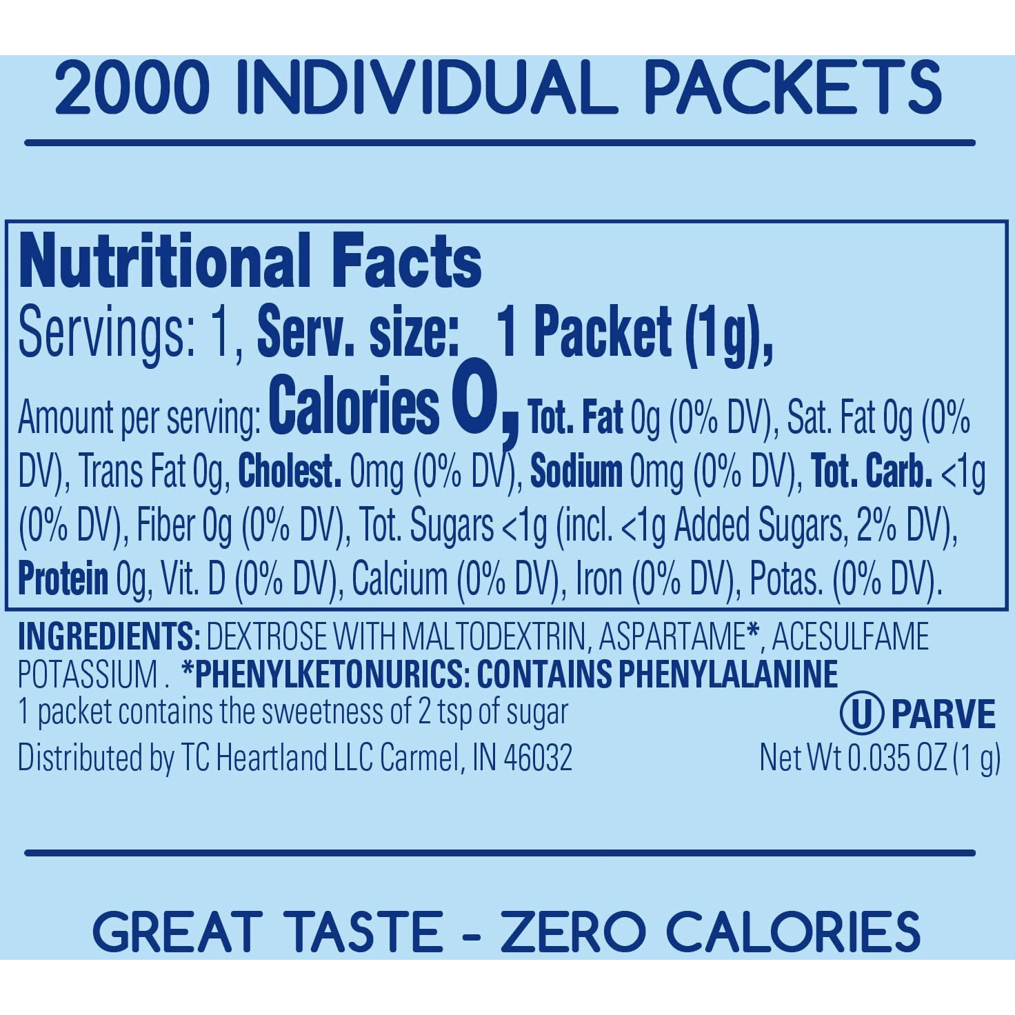 Complements Zero Calorie Aspartame Blue Sweetener Packets, 2000 Count