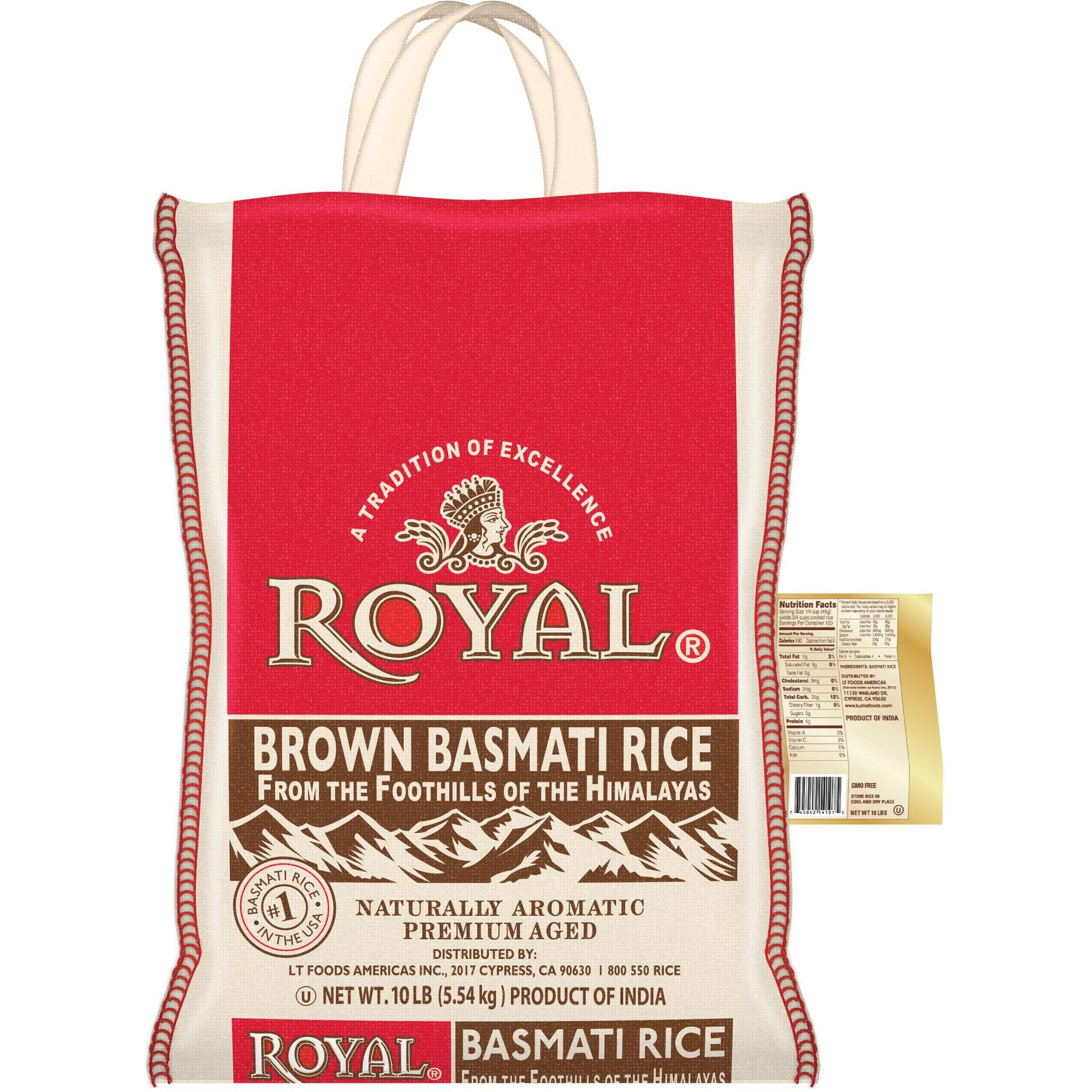 Royal - Authentic Basmati Brown Rice Whole Grain, Naturally Gluten Free And Vegan - 10 Pounds
