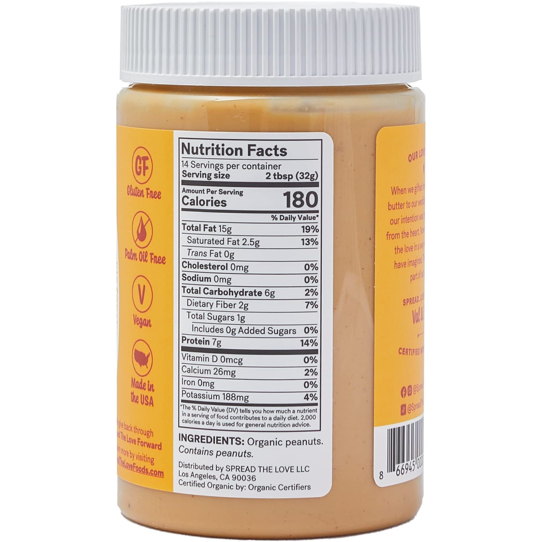 Spread The Love Naked Organic Peanut Butter, 16 Ounce (Organic, All Natural, Vegan, Gluten-Free, Creamy, Dry-Roasted, No Added Salt, No Added Sugar, No Palm Oil) (1-Pack)